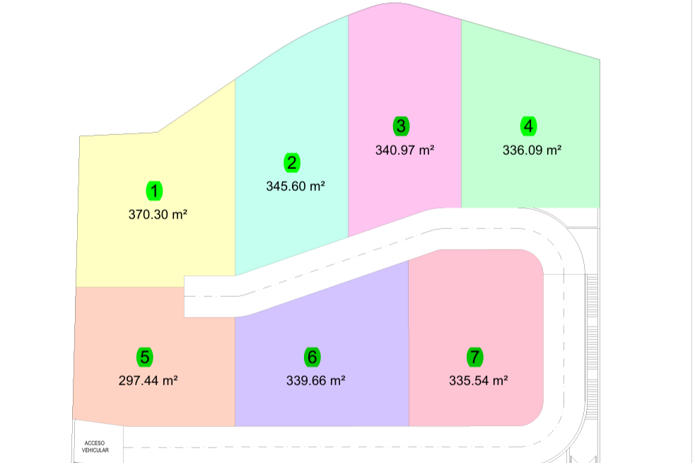 Technischer Lageplan von Residencial Vila Natura, der die Aufteilung der 7 privaten Grundstücke und deren exakte Maße zwischen 297 m² und 370 m² zeigt.