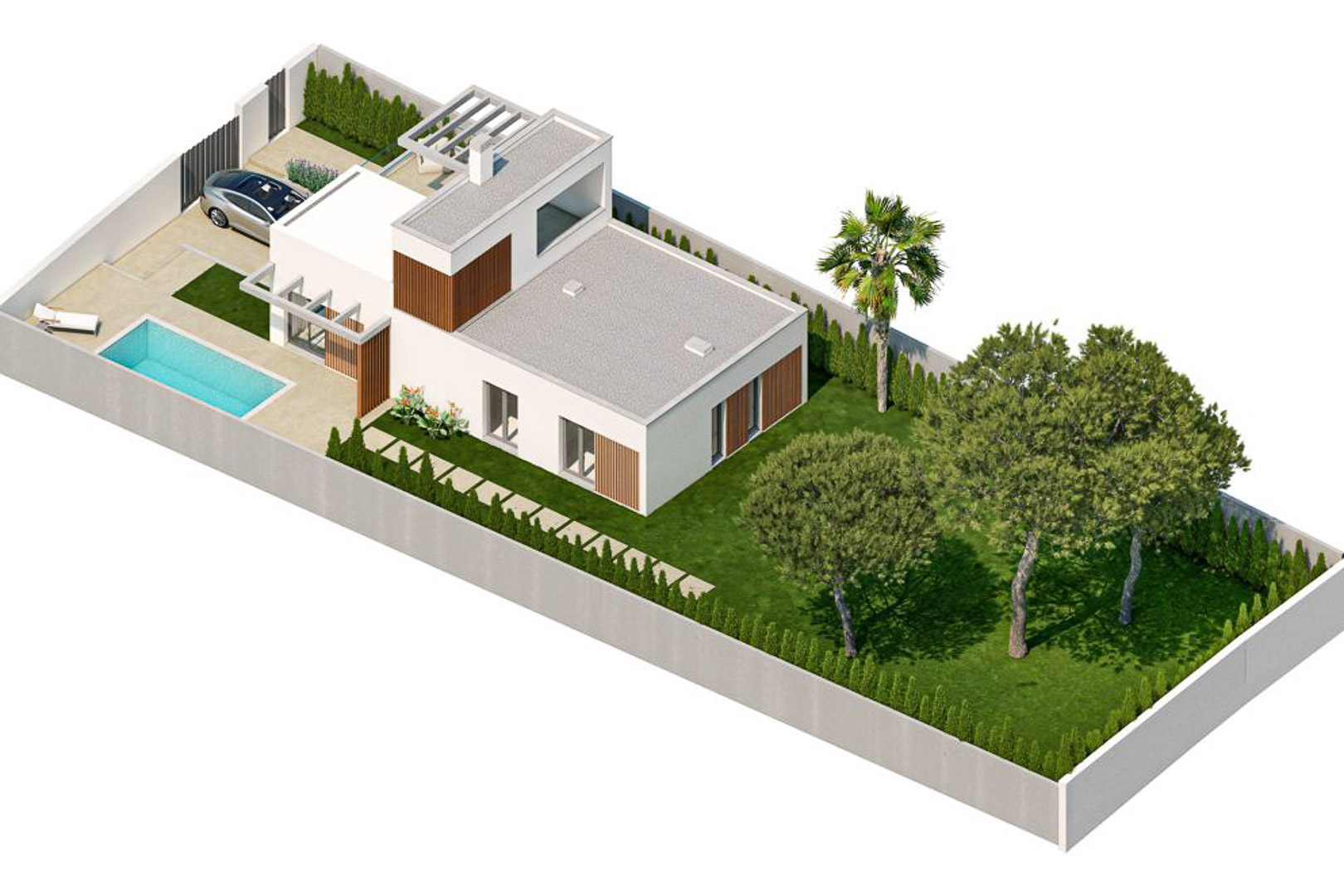 3D-Isometrie der modernen Villa mit privatem Pool, angelegtem Garten, Dachterrasse mit Pergola und privatem Parkplatz auf dem Grundstück.