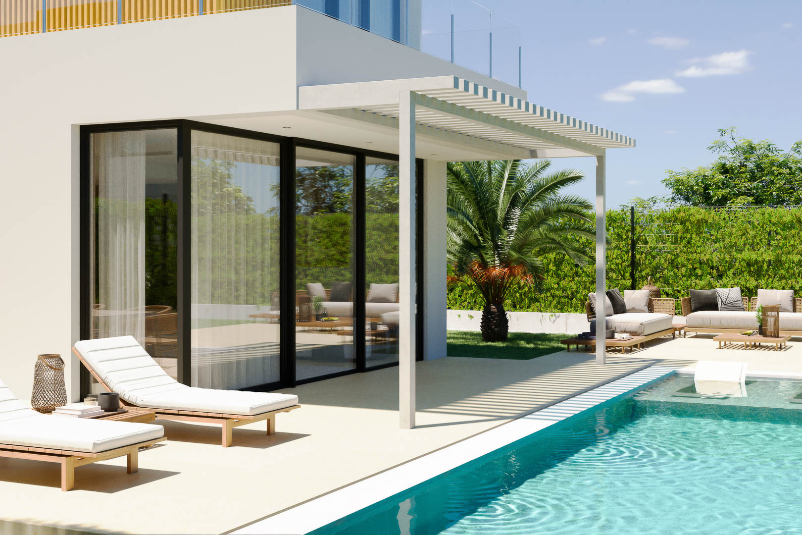 Außenbereich mit privatem Pool, weißer Lamellenpergola und Loungebereich. Bodentiefe Glasfronten verbinden den Wohnraum mit dem mediterranen Garten und der Sonnenterrasse.