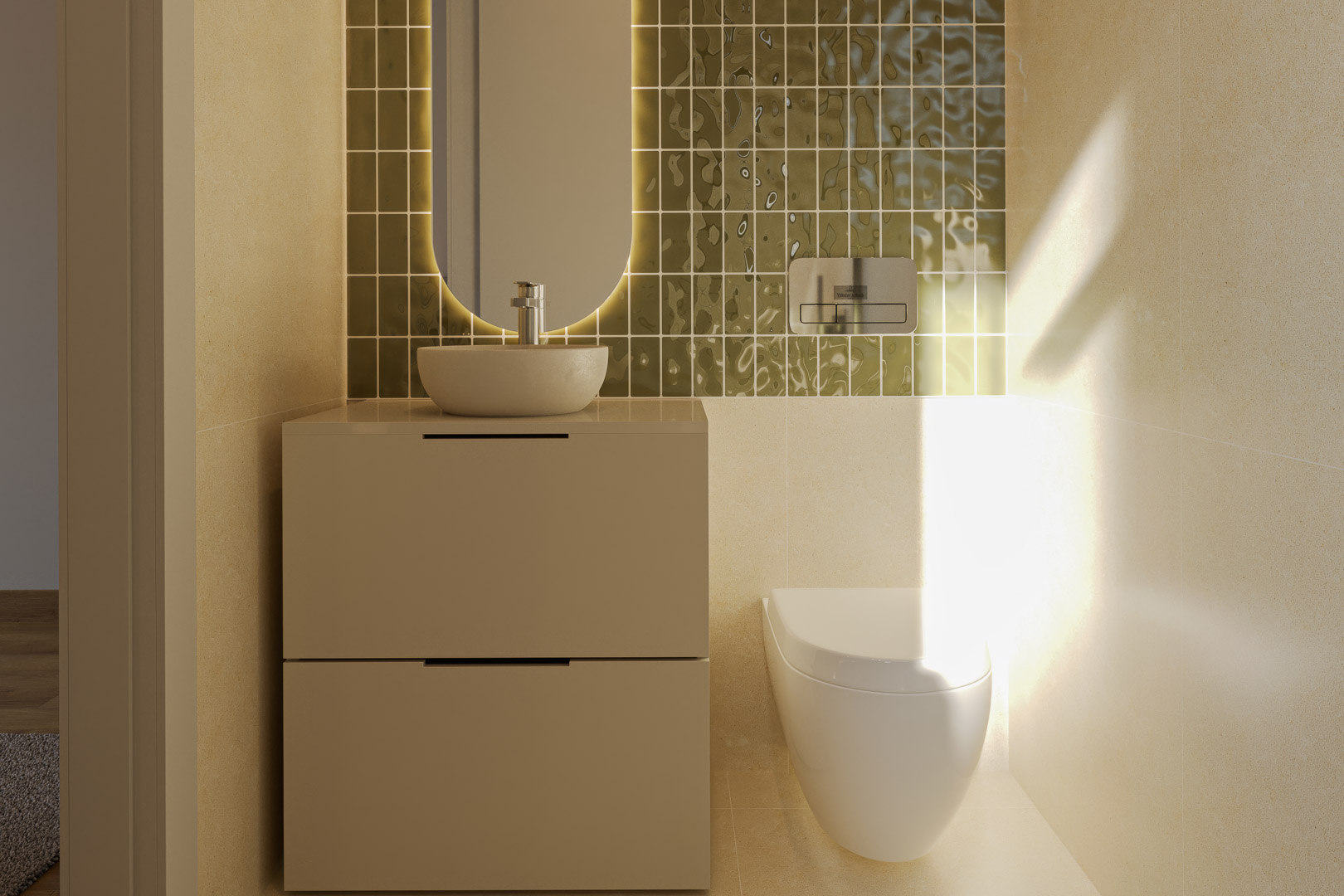 Gäste-WC mit Aufsatzwaschbecken, Unterschrank mit zwei Schubladen und hinterleuchtetem ovalem Spiegel vor olivgrünen Strukturfliesen.