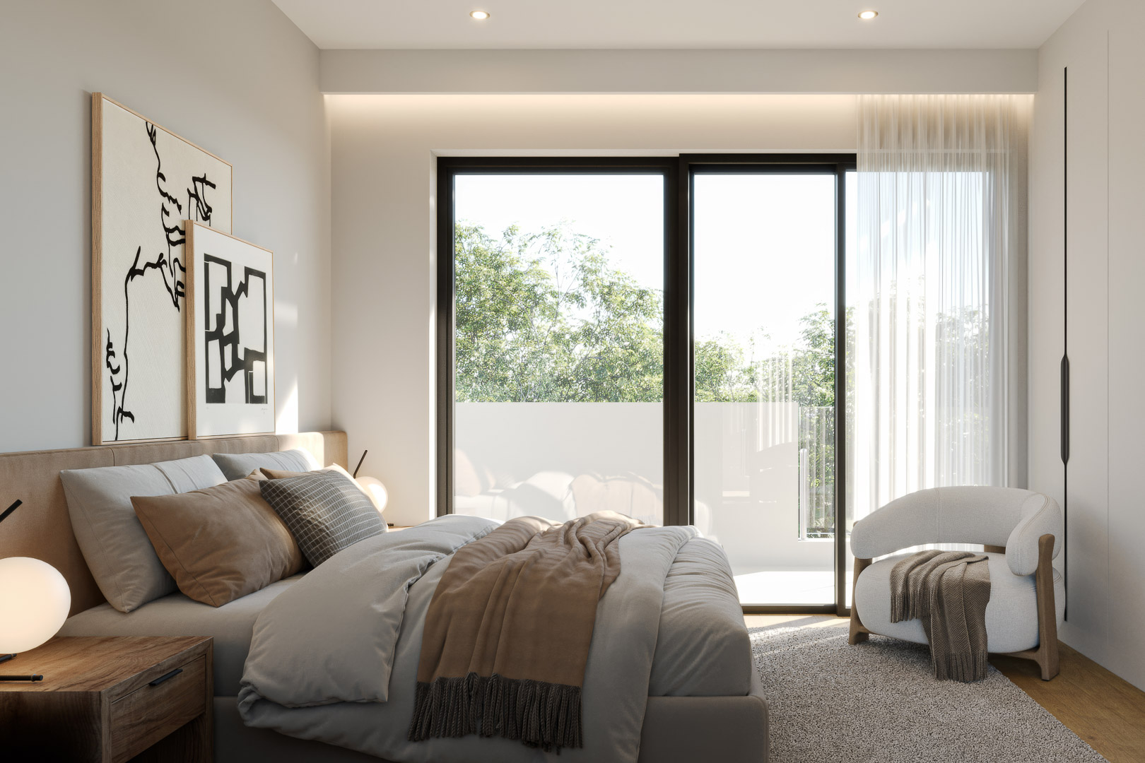 Hauptschlafzimmer mit bodentiefen Glasschiebetüren, indirekter LED-Beleuchtung und direktem Zugang zu einer privaten Terrasse mit Blick ins Grüne.