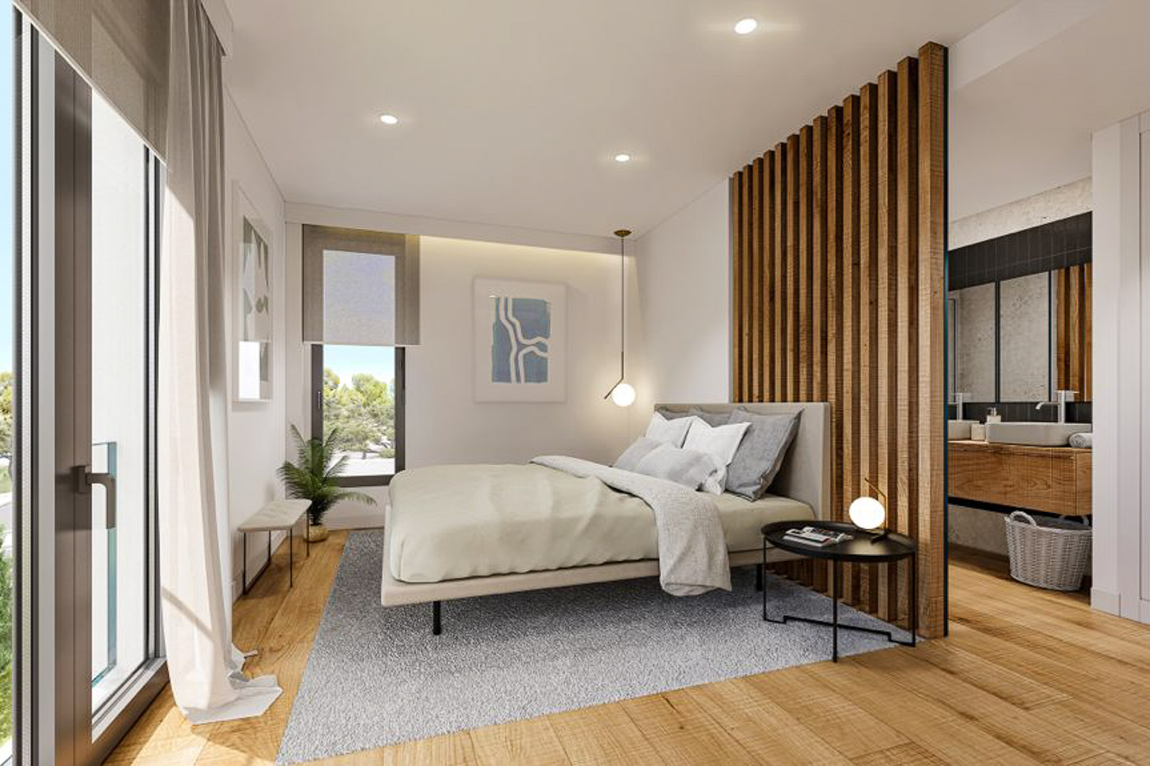 Hauptschlafzimmer mit Echtholzparkett, einem Raumteiler aus Holzlamellen zum En-Suite-Badezimmer und bodentiefen Fenstern für optimalen Lichteinfall.