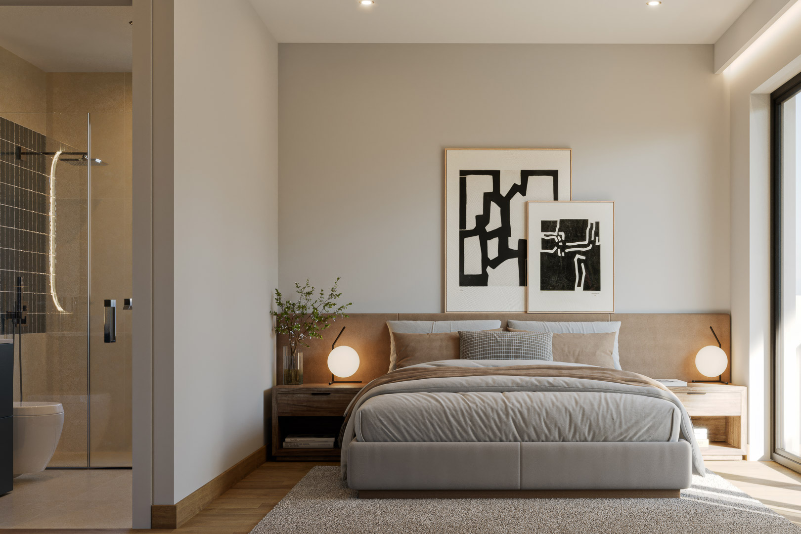 Hauptschlafzimmer mit En-Suite-Badezimmer, Holzboden und minimalistischer Beleuchtung. Das angrenzende Bad bietet eine bodengleiche Dusche und hochwertige Keramik.
