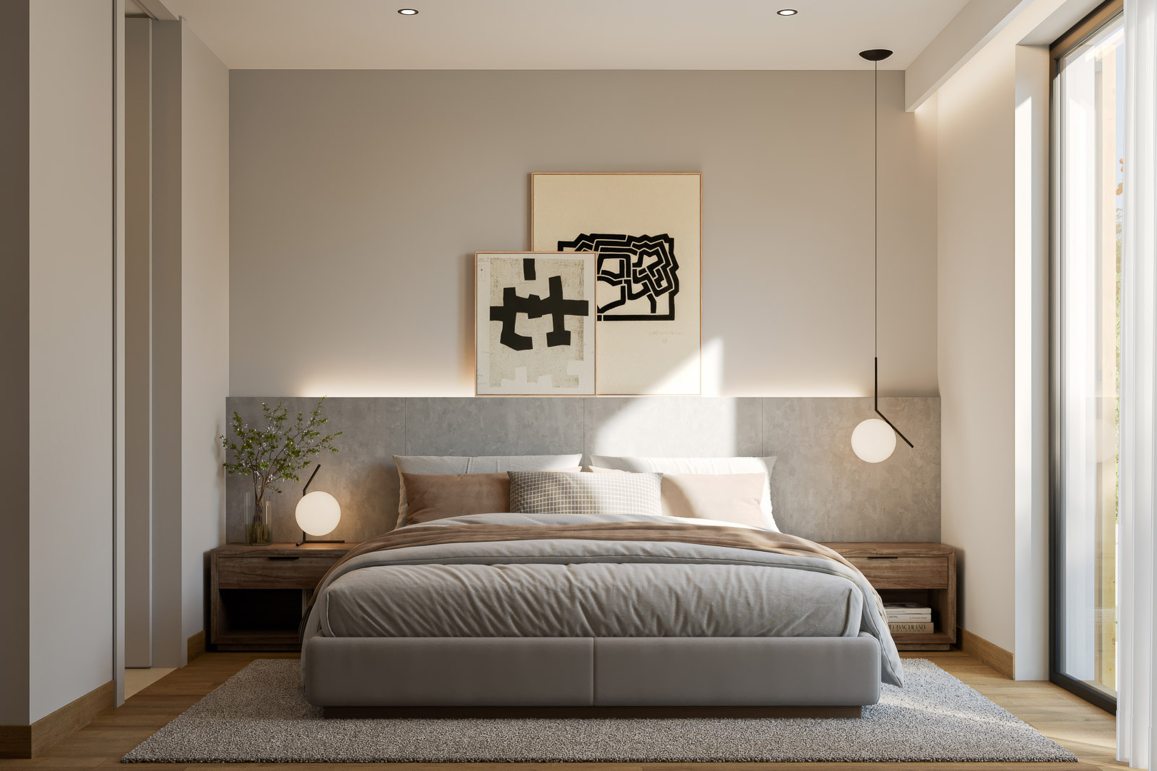 Hauptschlafzimmer mit Kopfteil in Steinoptik, integrierter LED-Beleuchtung und bodentiefen Fenstern. Ausgestattet mit Nachttischen aus Holz und hochwertigem Parkettboden.