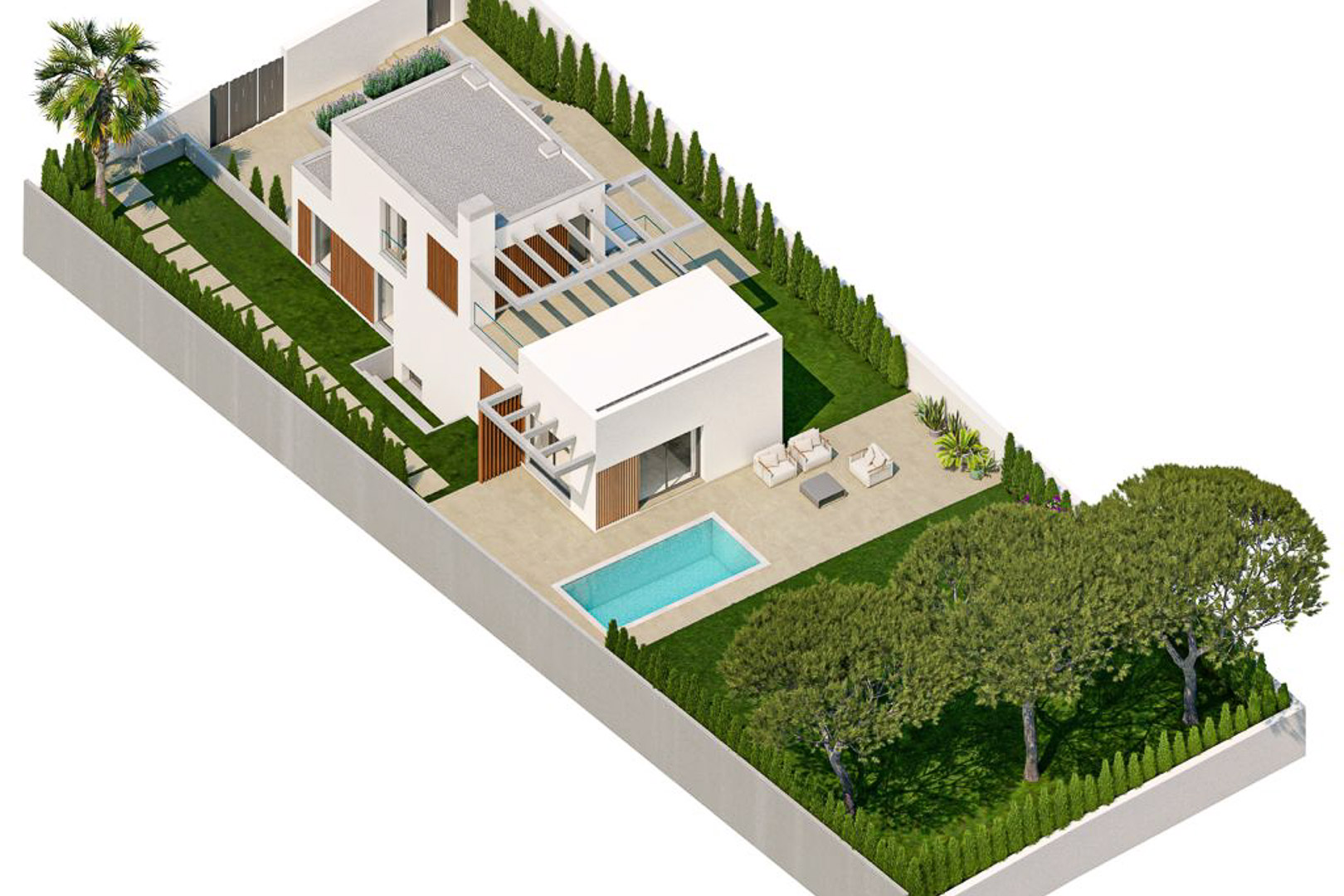 Isometrische Luftansicht der modernen Villa mit privatem Pool, angelegtem Garten mit Pinien und Terrassen mit dekorativen Pergolen.
