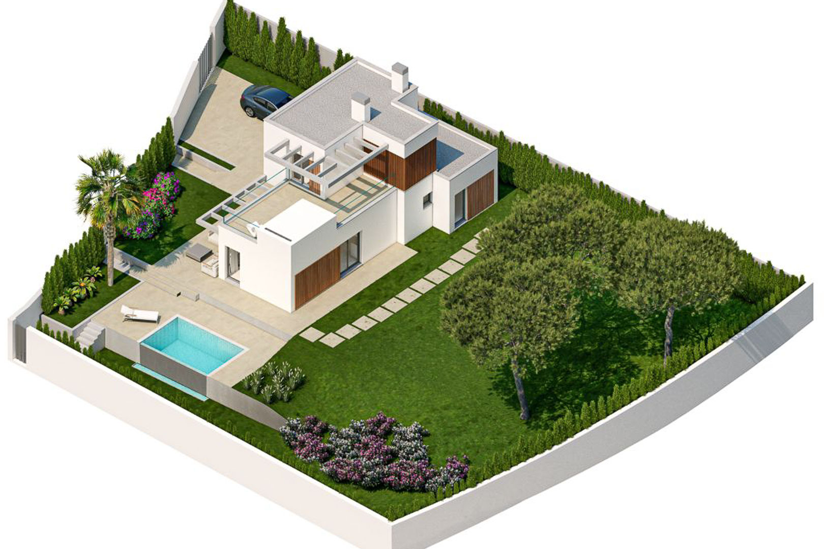 Luftaufnahme einer modernen Villa mit weißer Fassade, Holzelementen, privatem Pool, angelegtem Garten und Dachterrasse mit Pergola.
