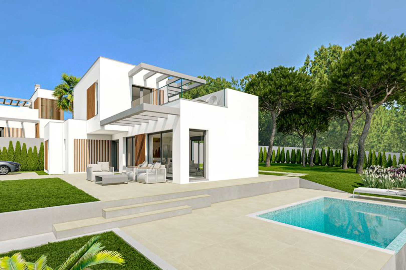 Minimalistisches Exterieur mit privatem Pool, großzügigen Feinsteinzeug-Terrassen und weißer Fassade mit eleganten Echtholz-Lamellen.