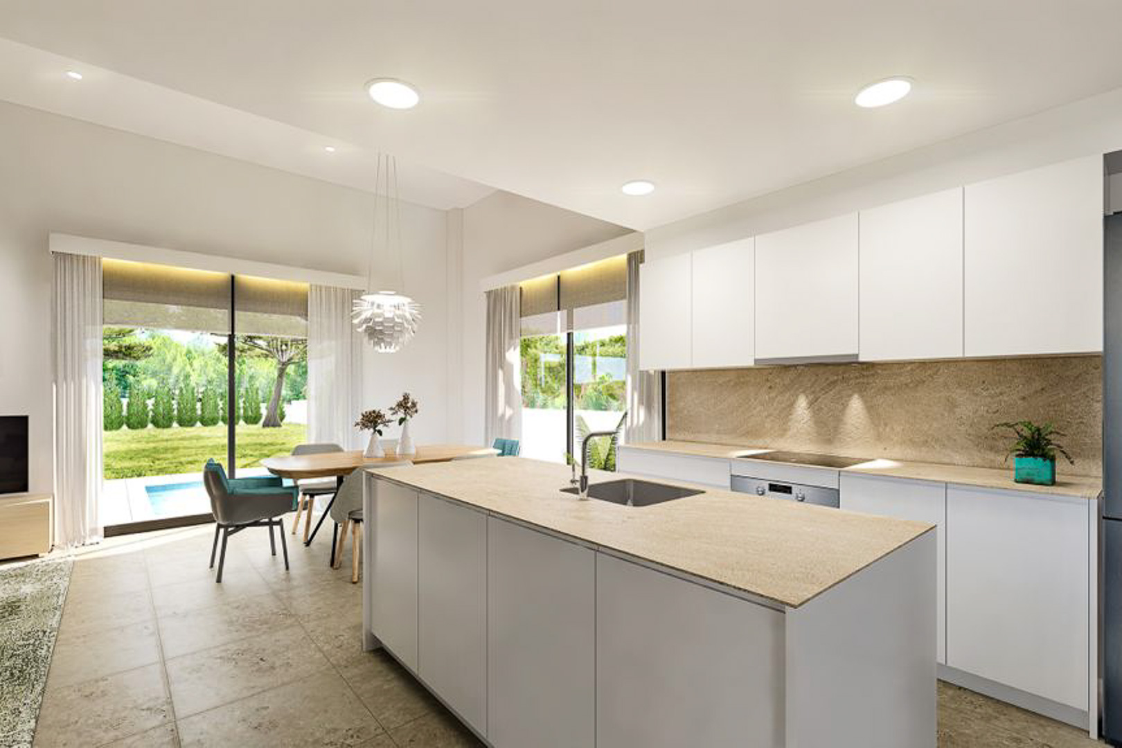 Moderne offene Küche mit Steininsel, minimalistischen weißen Schränken und Essbereich mit direktem Zugang zum Garten und dem privaten Pool.
