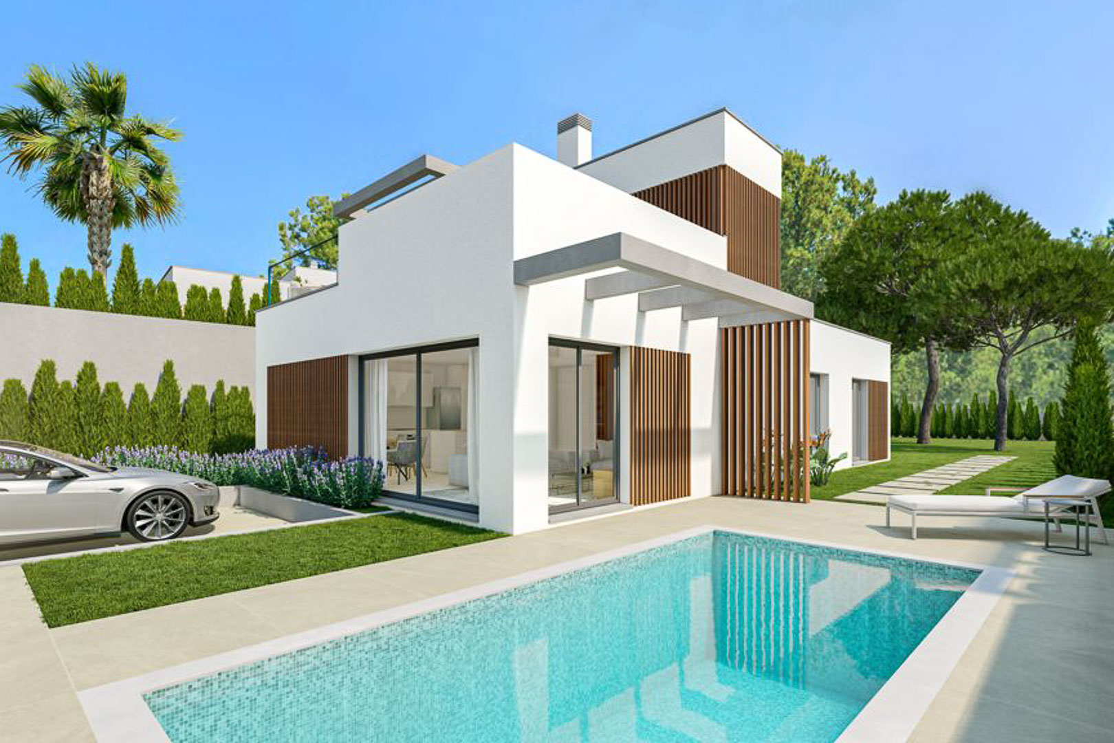 Moderne Villa mit weißer Fassade, Holzlamellen, privatem Pool, integriertem Parkplatz und angelegtem Garten mit mediterraner Bepflanzung.