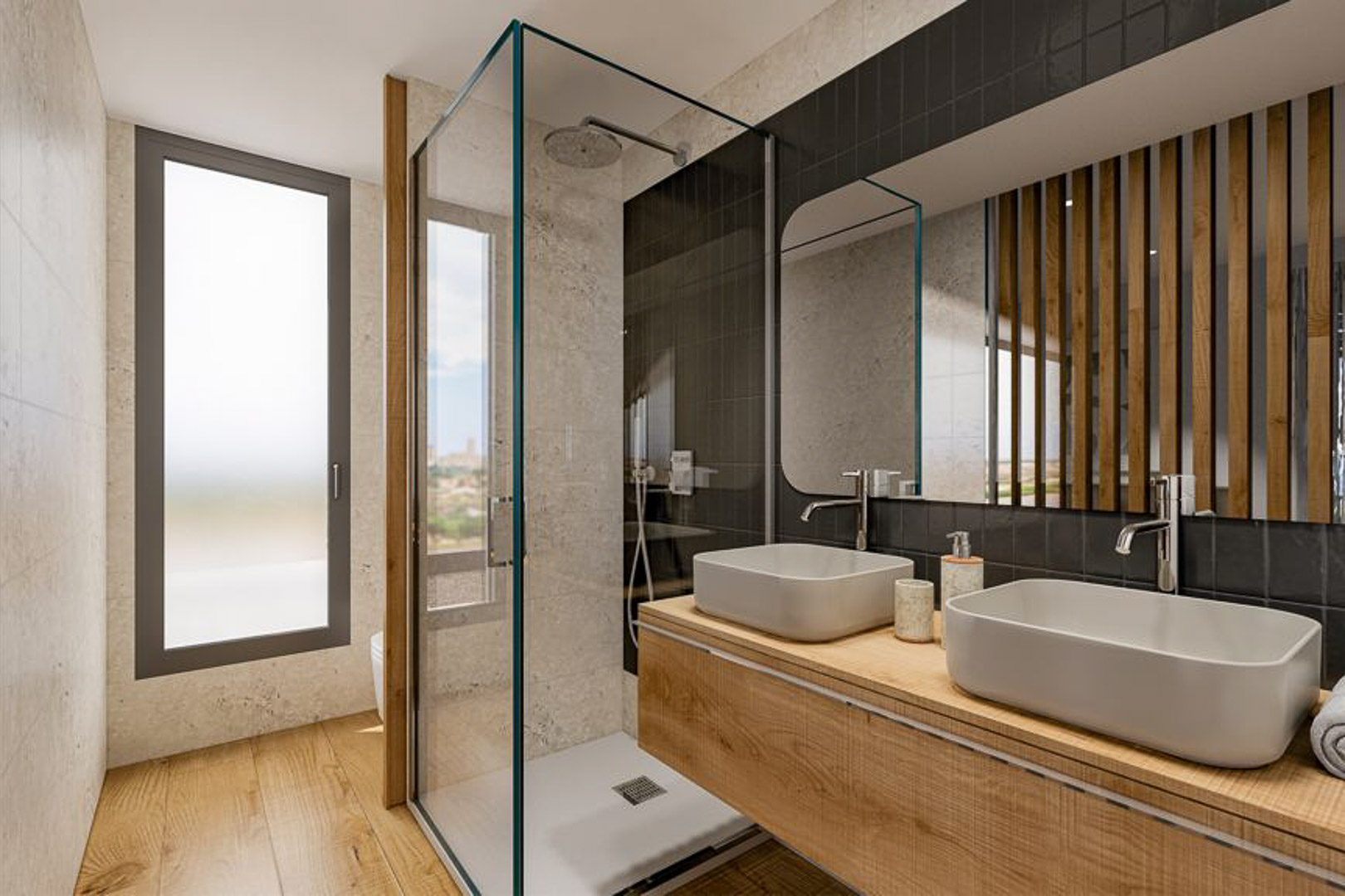 Modernes Badezimmer mit Doppelwaschbecken auf Holzunterschrank, Glasduschkabine mit schwarzen Fliesen und Wänden in Natursteinoptik.