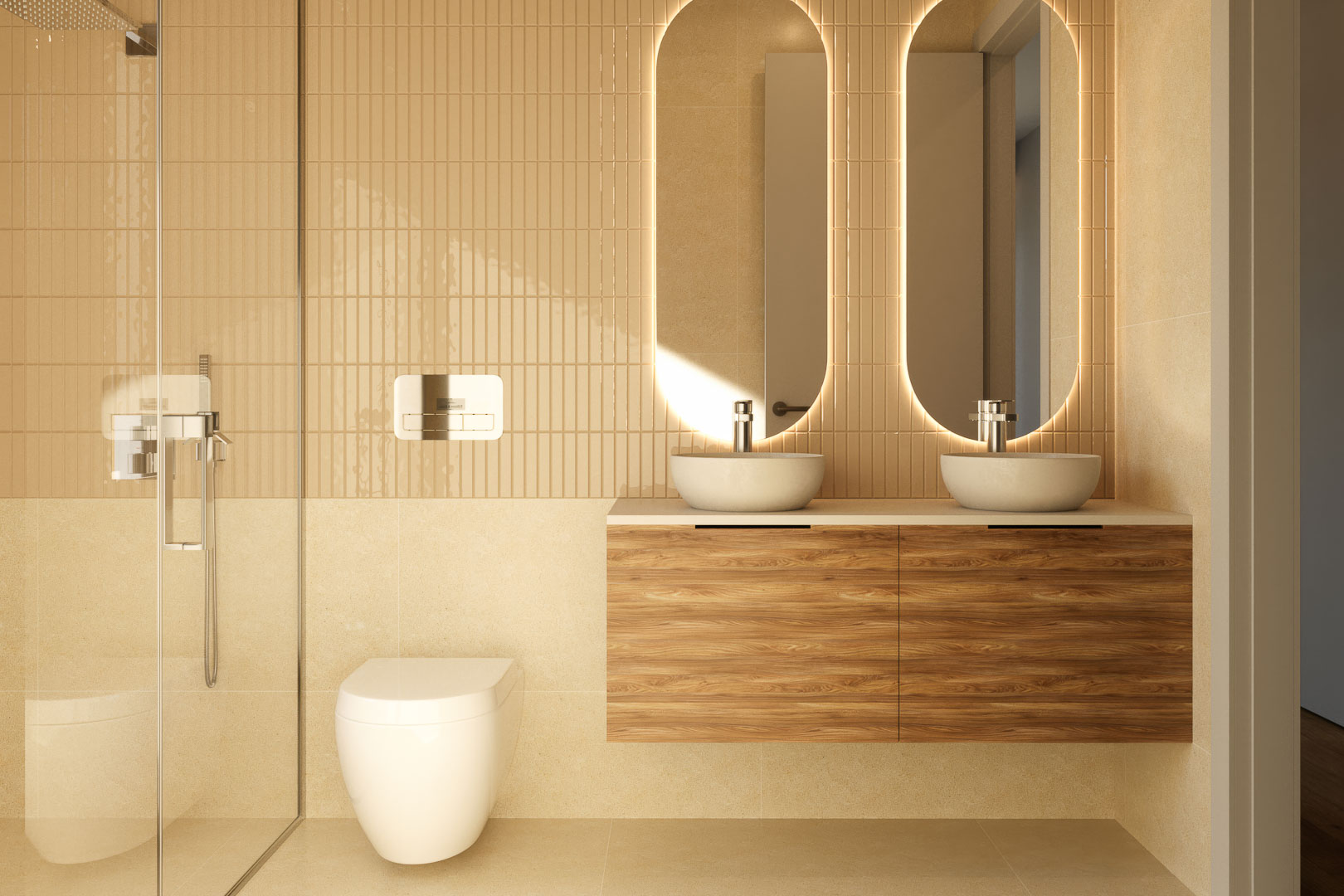 Modernes Badezimmer mit Doppelwaschtisch auf hängendem Holzunterschrank, hinterleuchteten ovalen Spiegeln und begehbarer Dusche mit vertikalen sandfarbenen Fliesen.