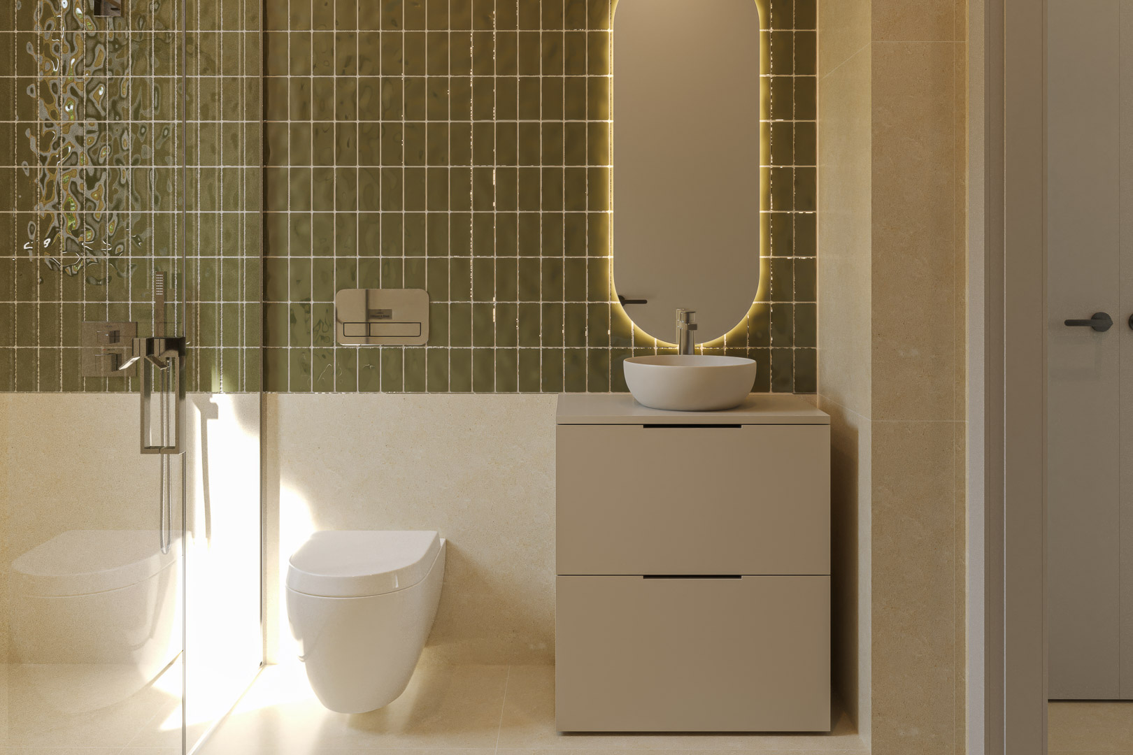 Modernes Badezimmer mit glänzenden olivgrünen Fliesen, hinterleuchtetem ovalem Spiegel und minimalistischem Waschtisch. Mit wandhängendem WC und Glasduschwand.