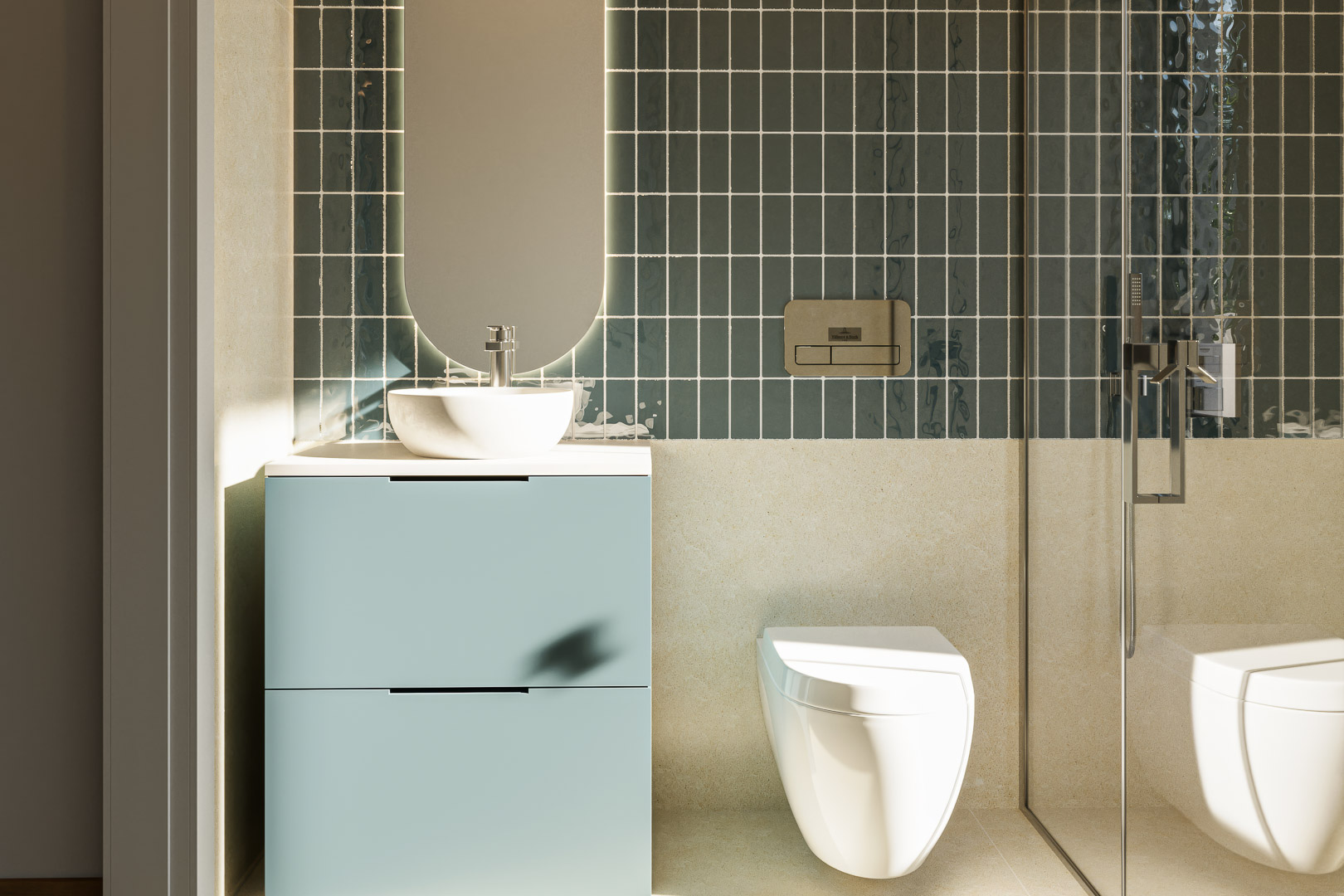 Modernes Badezimmer mit vertikalen blaugrünen Fliesen, einem hellblauen Waschtisch mit Aufsatzbecken und einem hintergrundbeleuchteten ovalen Spiegel.