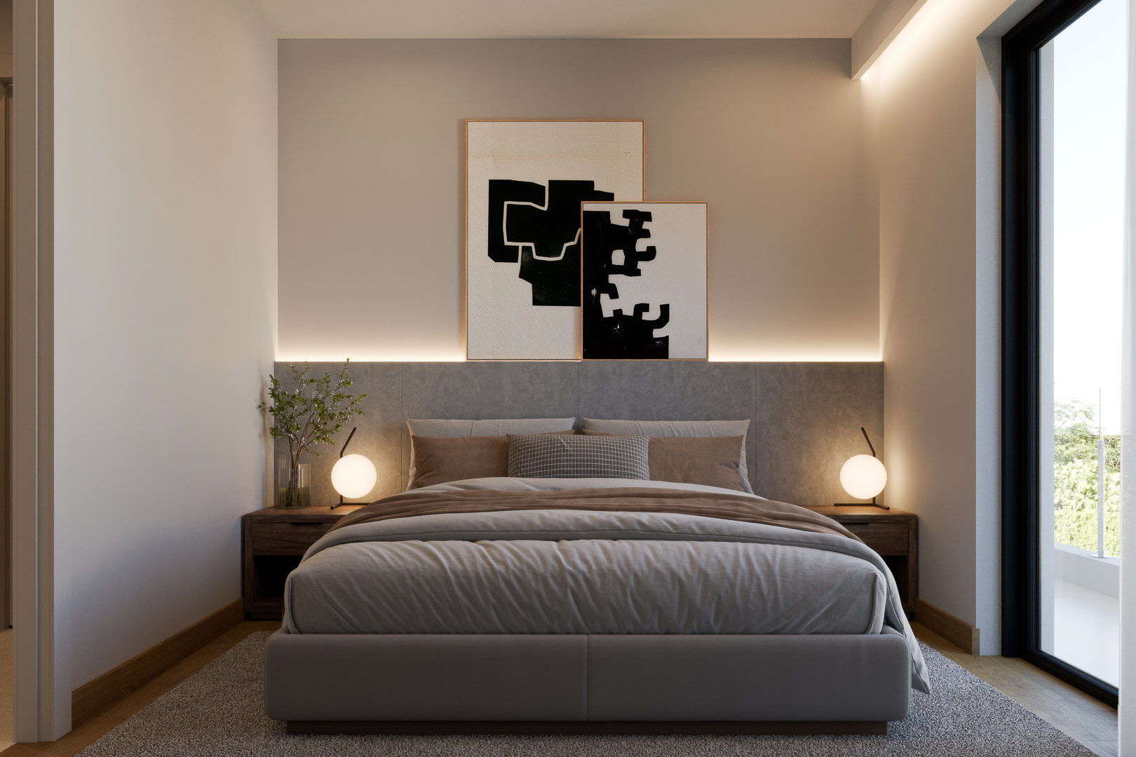 Modernes Schlafzimmer mit gepolstertem Kopfteil, indirekter LED-Beleuchtung, Holznachttischen und direktem Zugang zur Terrasse durch bodentiefe Fenster.