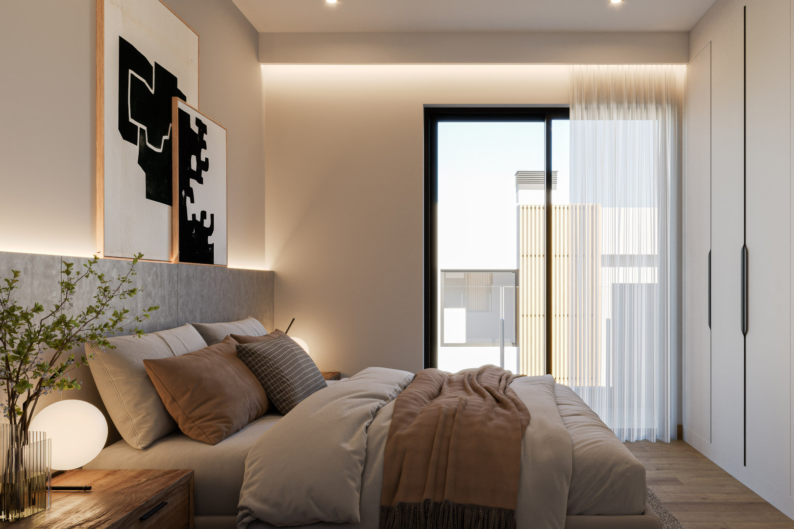 Modernes Schlafzimmer mit minimalistischen Einbauschränken, indirekter LED-Beleuchtung und bodentiefen Glasfronten. Naturholzboden und Erdtöne prägen das Design.