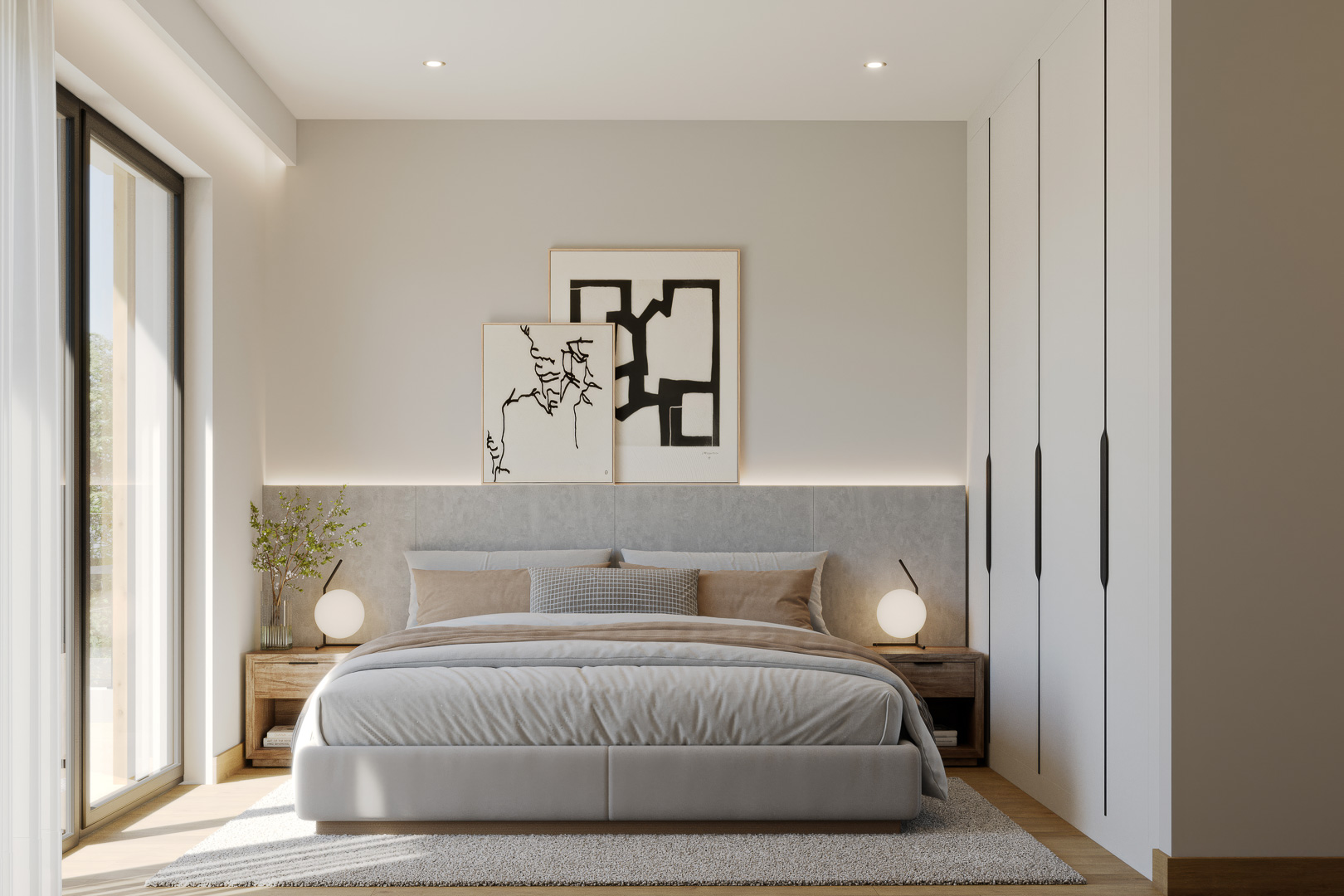 Schlafzimmer mit raumhohen Einbauschränken, gepolstertem Kopfteil mit LED-Beleuchtung und großem Fensterelement für optimalen Lichteinfall.