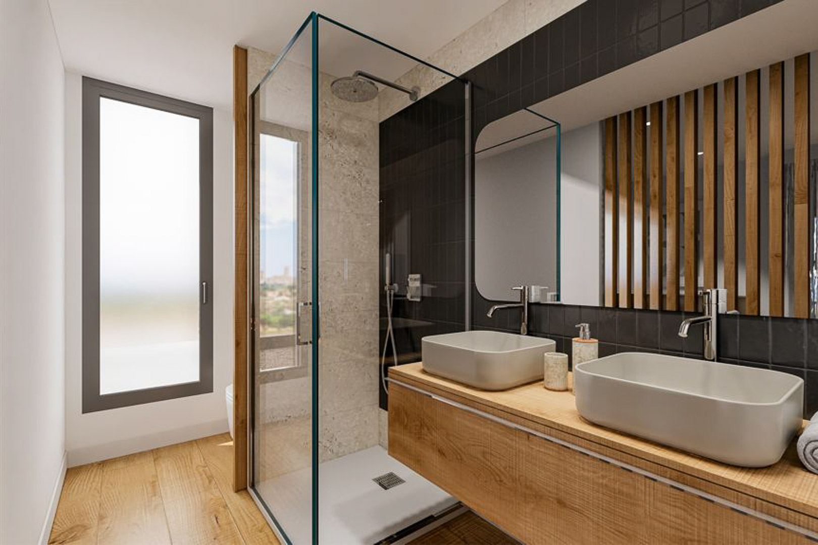 Zeitgenössisches Badezimmer mit Doppelwaschbecken auf Holzunterschrank, Glasdusche und Wandgestaltung aus schwarzen Fliesen und Steinoptik.