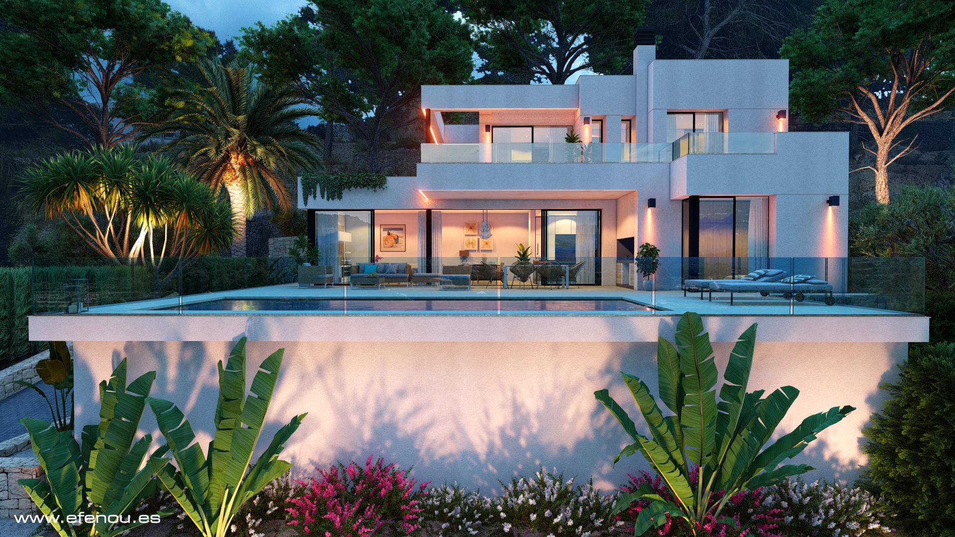 Außenansicht der Villa bei Dämmerung mit 12m Pool, Glasgeländer-Terrassen und integrierter Warmlichtbeleuchtung im mediterranen Garten.