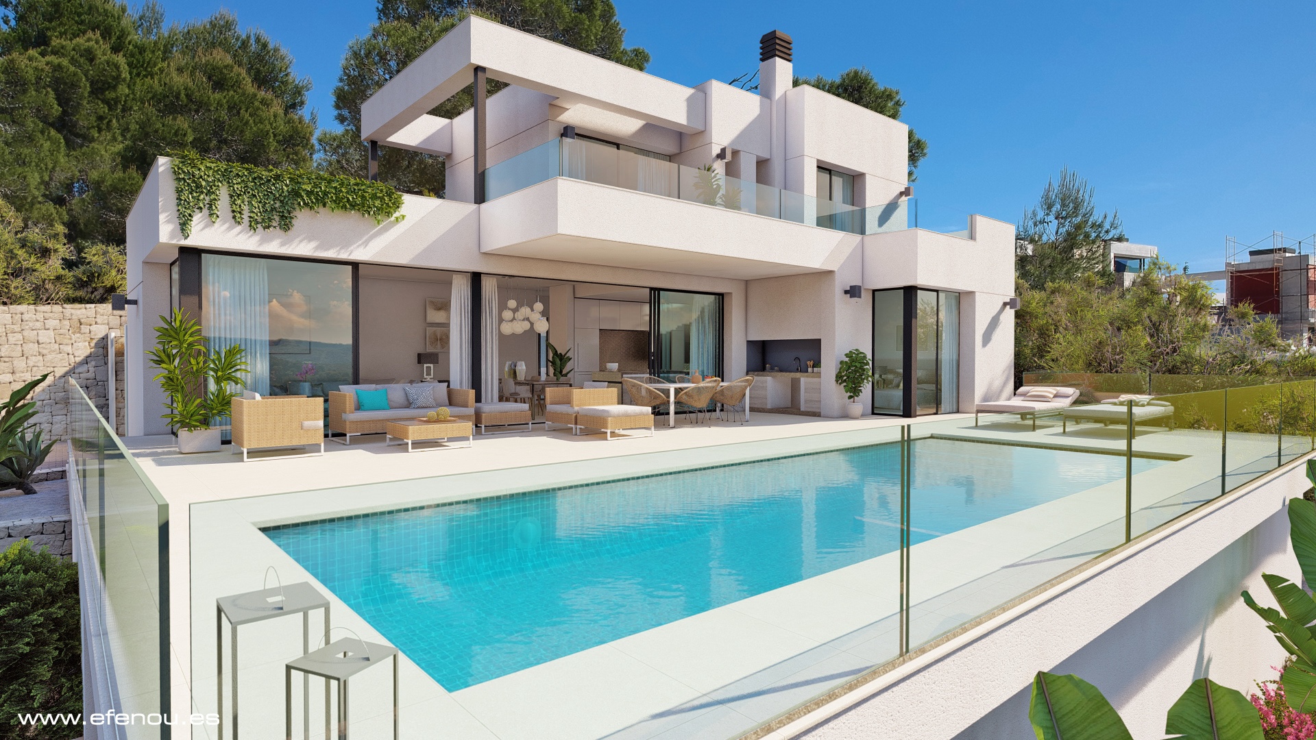 Moderne weiße Villa mit geradlinigem Pool, großzügiger Sonnenterrasse, Außenküche und bodentiefen Glasfronten für fließende Übergänge zum Außenbereich.