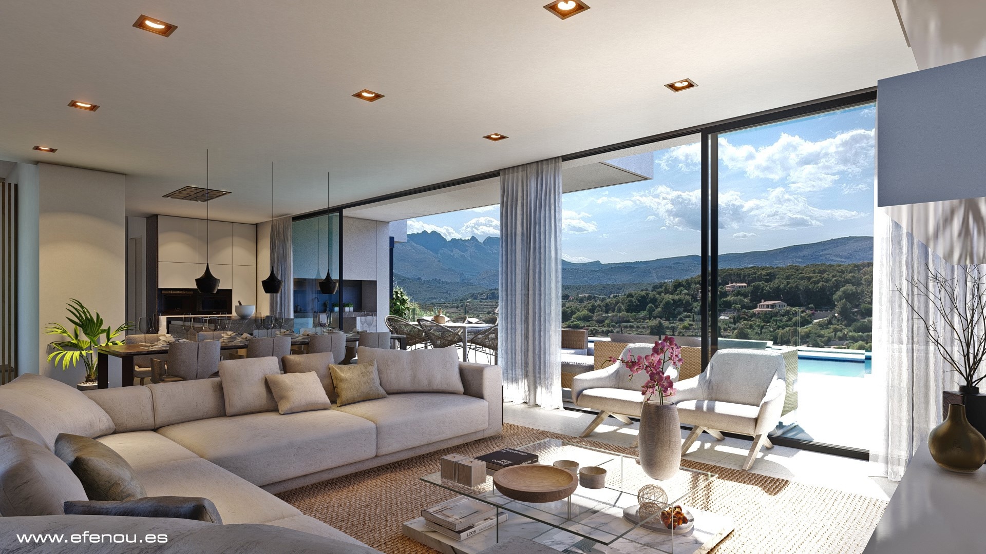 Offener Wohnbereich mit bodentiefen Glasfronten, die einen Panoramablick auf die Sierra de Bernia bieten und den Innenraum nahtlos mit der Terrasse verbinden.
