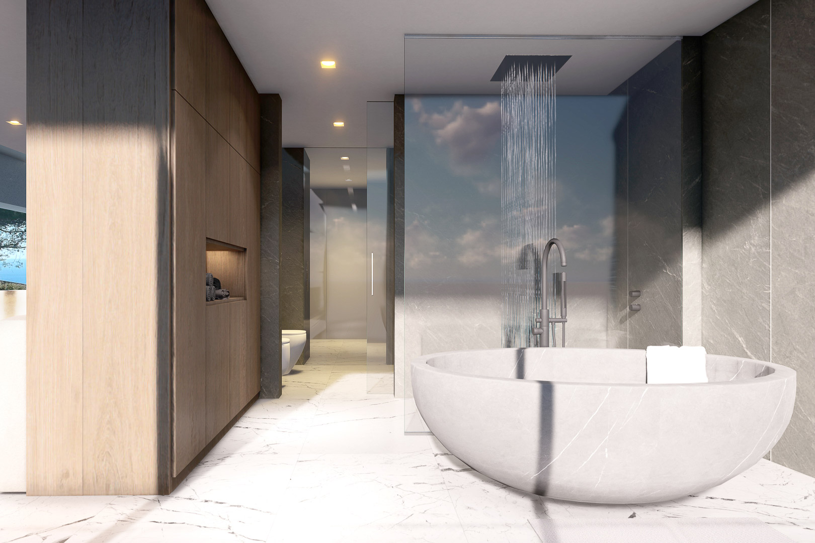 Modernes Badezimmerdetail mit Marmorwanne und Regendusche.