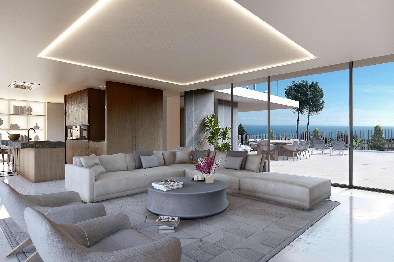 Modernes Wohnzimmer mit grauem Modulsofa und Meerblick, beleuchtet mit indirektem Licht.