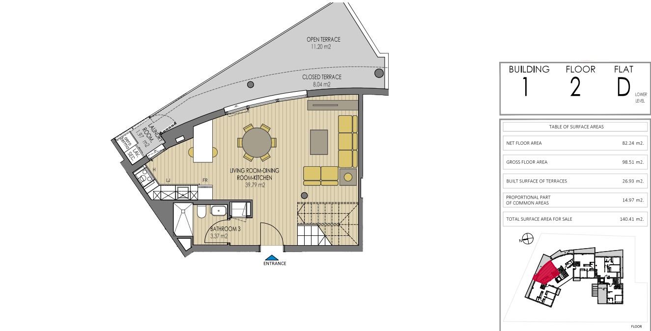 Grundriss der unteren Ebene des Maisonette-Penthouses D in Gebäude 1 mit einem 39 m² großen offenen Wohn-Essbereich und einer großzügigen, geschwungenen Terrasse.