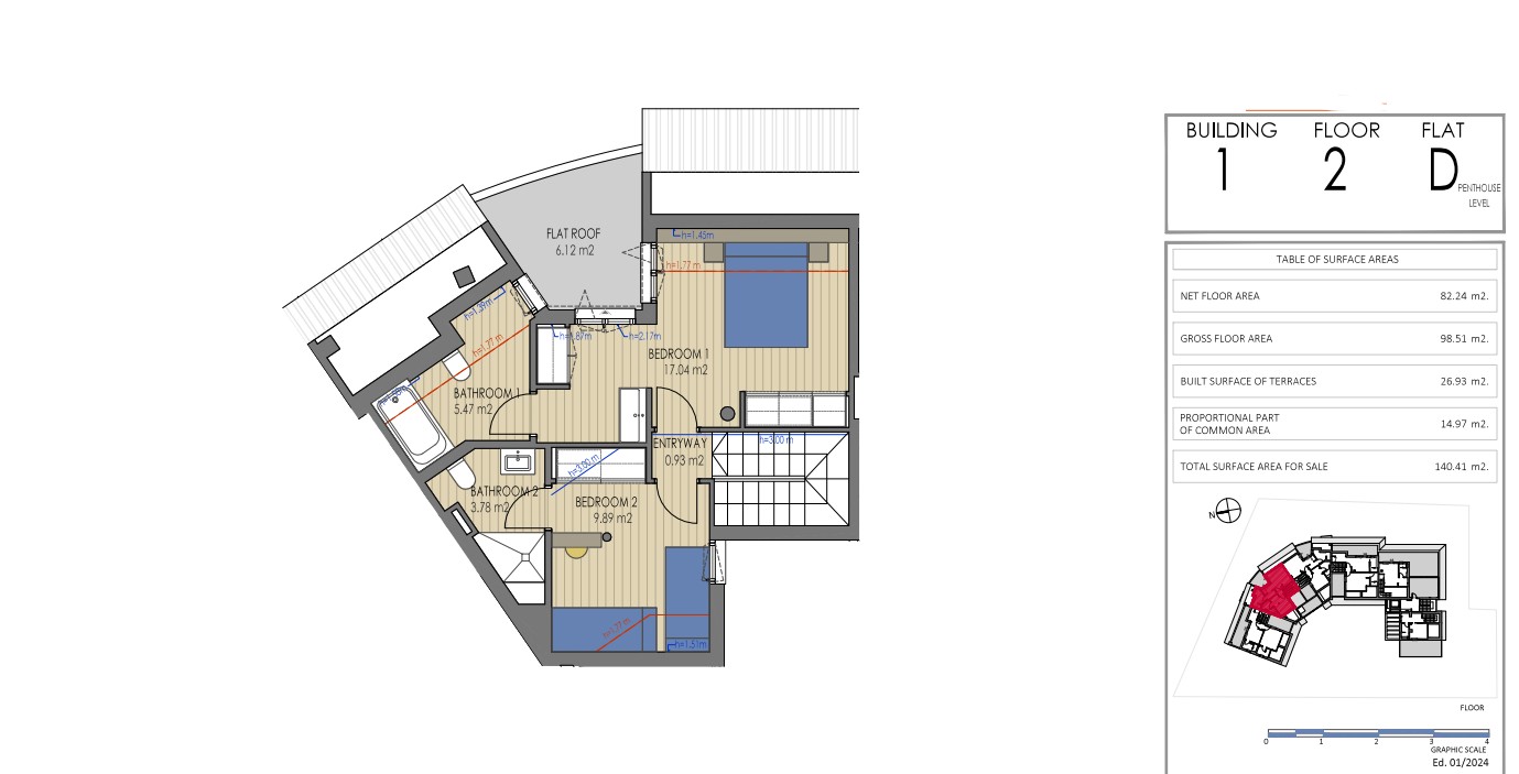 Technischer Grundriss der oberen Ebene von Penthouse D in Gebäude 1, der zwei Schlafzimmer mit En-Suite-Bädern und eine 6,12 m² große Terrasse zeigt.