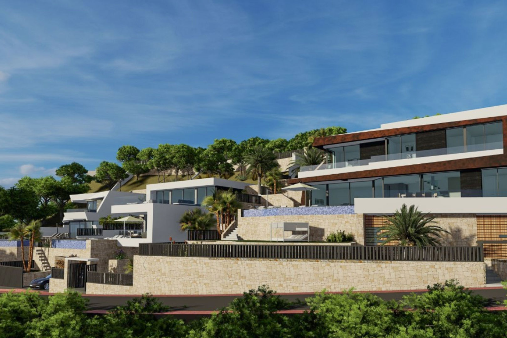 Außenansicht der modernen Villa in Hanglage mit Natursteinmauern, Infinity-Pool, Glasgeländern und großzügigen Fensterfronten auf verschiedenen Ebenen.