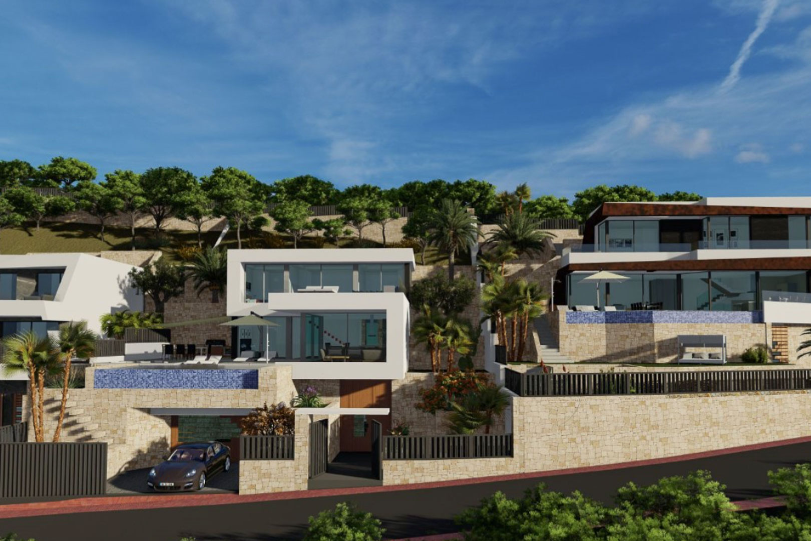 Außenansicht der modernen Villa mit mehrstöckiger Architektur, Natursteinmauern, Infinity-Pool und integrierter Garage auf einem terrassierten Grundstück.