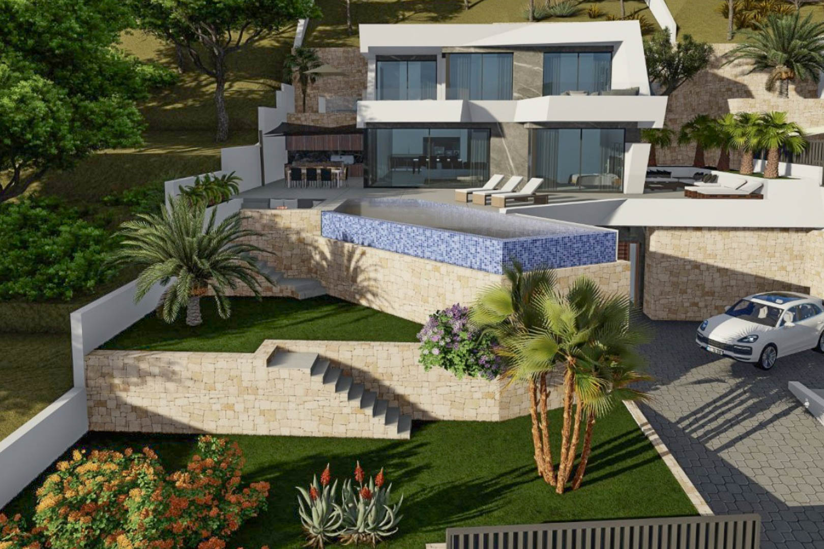 Außenansicht der modernen Villa mit weißer geometrischer Architektur, blauem Mosaik-Infinity-Pool und Natursteinmauern im terrassierten Garten.