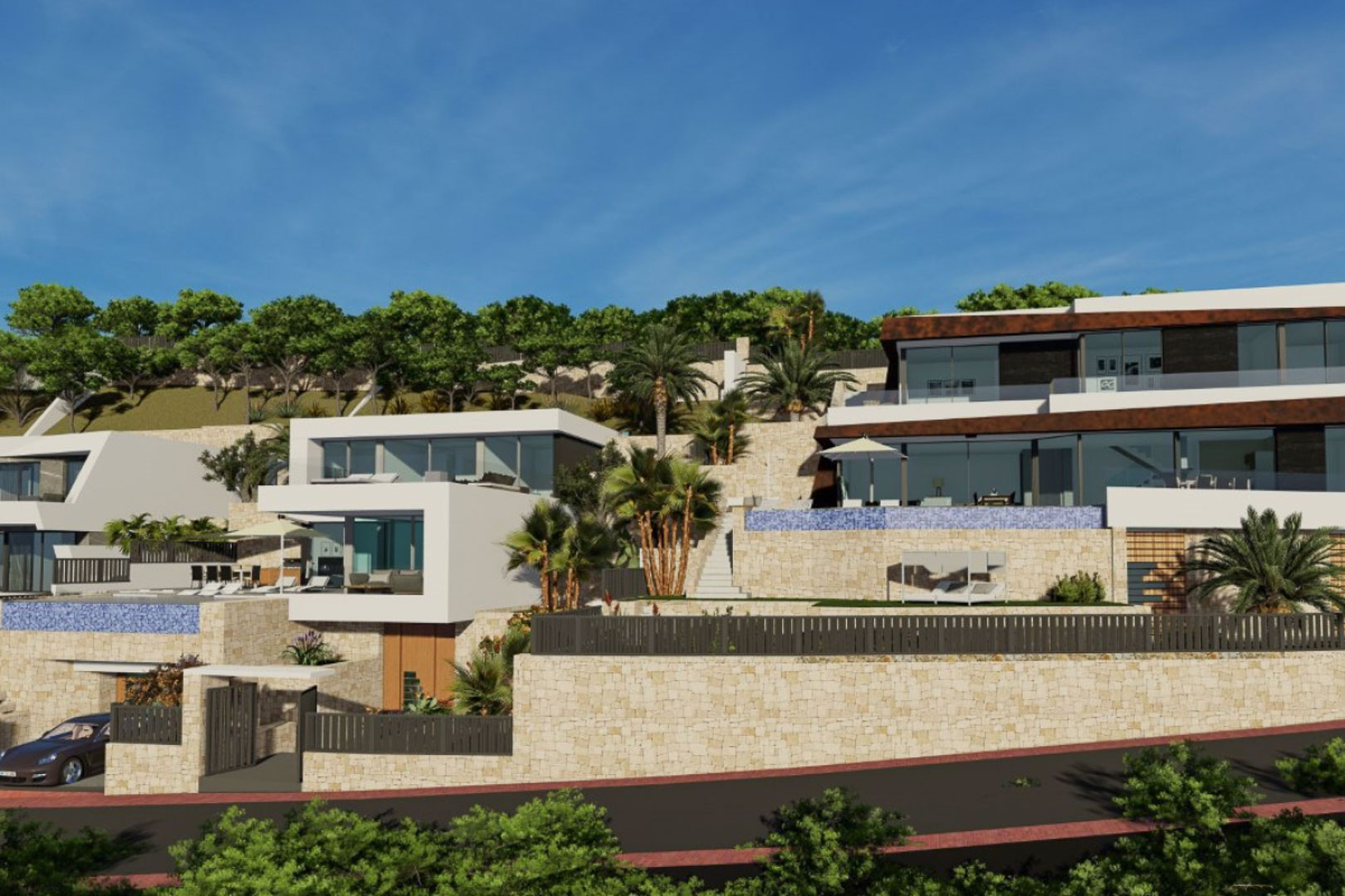 Außenansicht der terrassierten Architektur mit Natursteinmauern, weißen Fassaden und Infinity-Pools, die in die Hanglandschaft integriert sind.