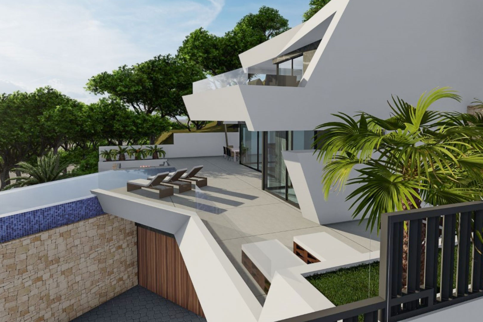 Außenansicht der Villa mit geometrischer Architektur, großzügiger Fliesenterrasse, Infinity-Pool und einer markanten Natursteinmauer mit Glasgeländern.