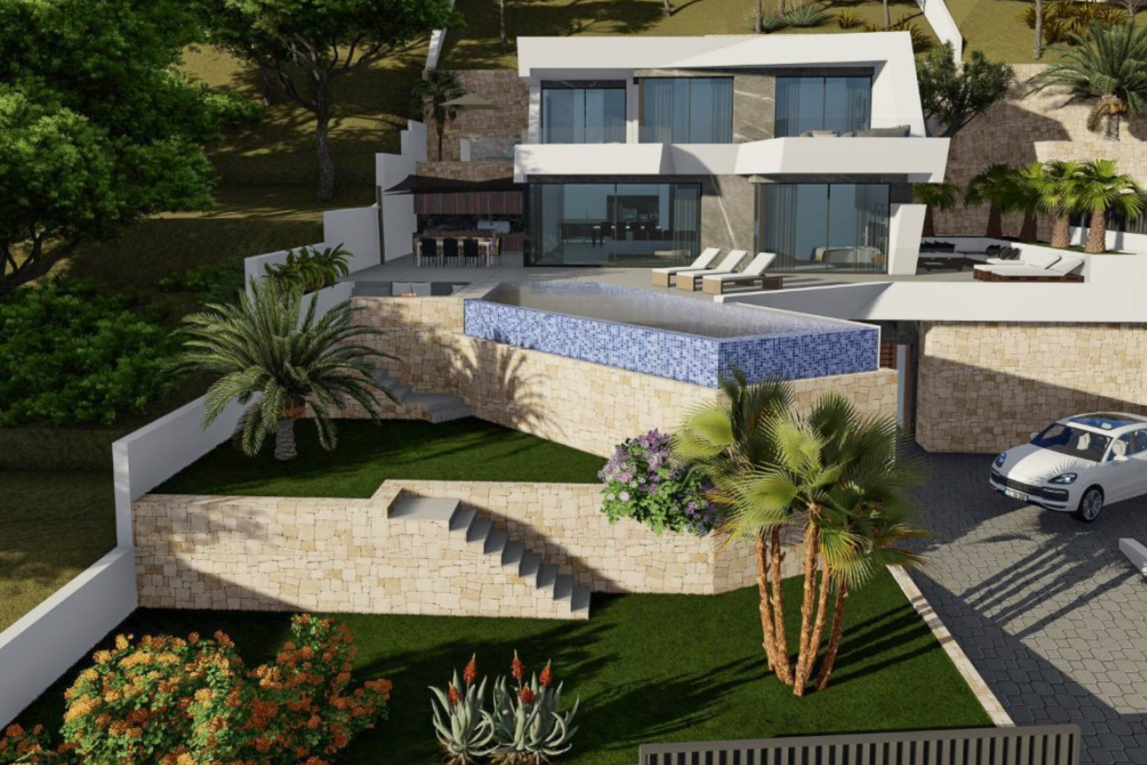 Außenansicht der Villa mit weißer geometrischer Fassade, blauem Mosaik-Infinity-Pool und Natursteinmauern, die in einen terrassierten Garten mit Palmen integriert sind.