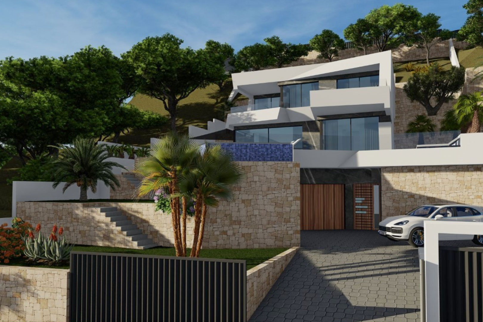 Außenansicht einer modernen Villa mit weißer geometrischer Architektur, Natursteinmauern, gepflasterter Einfahrt und einem Infinity-Pool auf mehreren Ebenen.