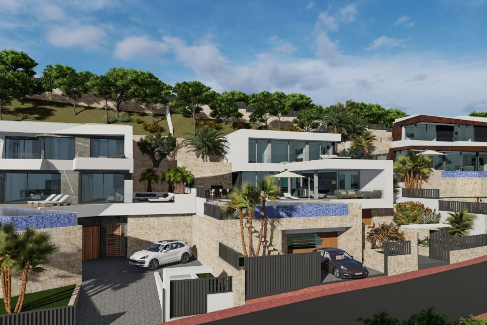 Außenansicht moderner Villen mit weißen Fassaden und Natursteinmauern, am Hang gelegen, mit Infinity-Pools und privaten Garagen auf Straßenniveau.