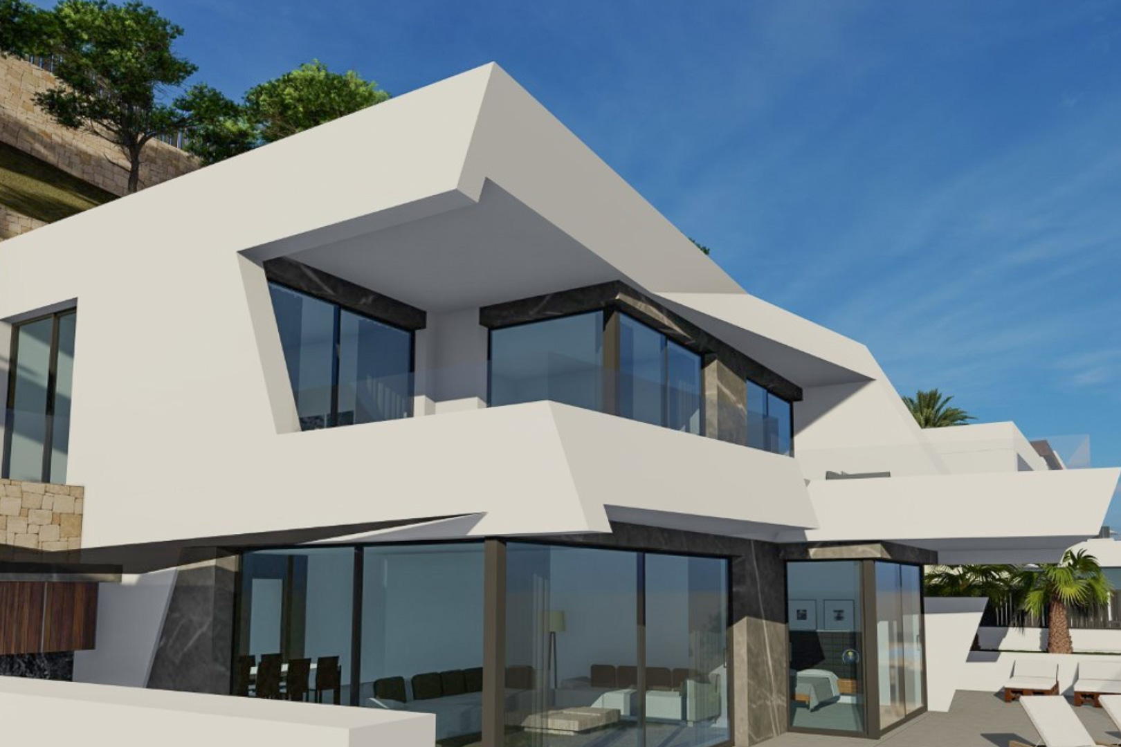 Geometrische Fassade mit großflächigen Fensterfronten, grauen Natursteinakzenten und auskragenden Terrassen für ein offenes Wohnkonzept.