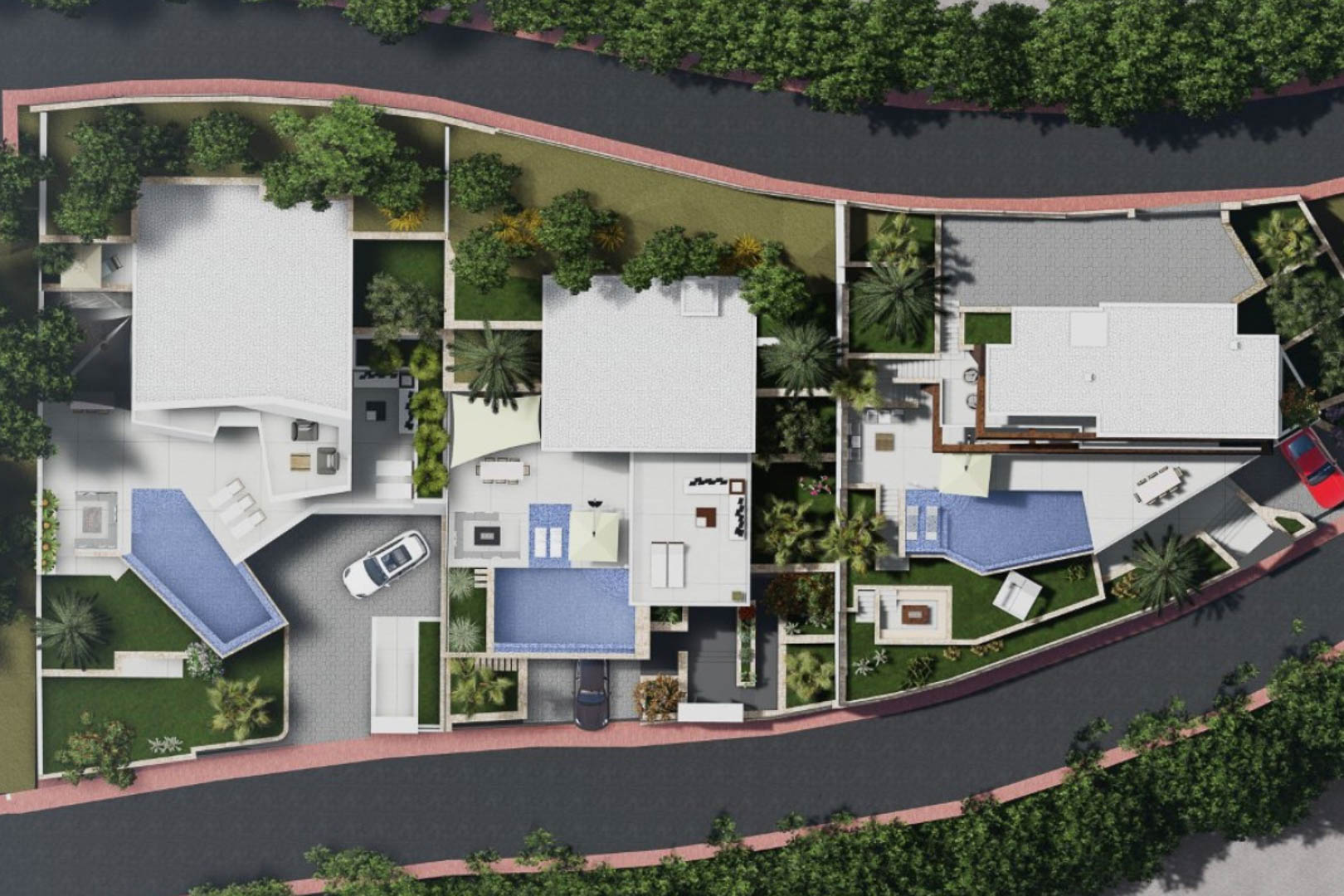 Lageplan aus der Vogelperspektive, der die Anordnung der Villen mit Infinity-Pools, gestalteten Gärten und privaten Parkplätzen im Komplex zeigt.