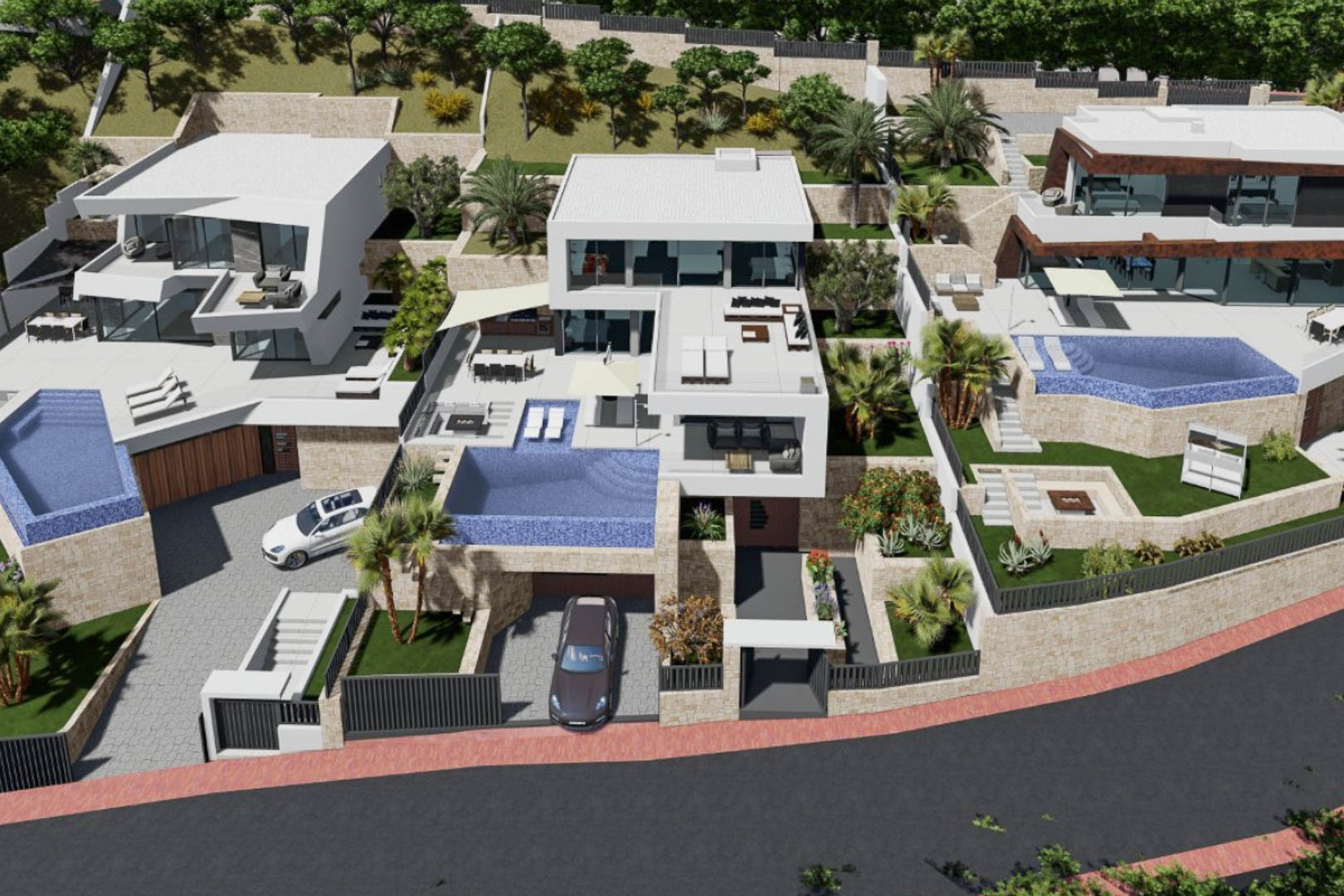 Luftaufnahme der modernen Villa mit weißer geometrischer Architektur, integriertem Infinity-Pool und terrassierten Außenbereichen auf Natursteinmauern.