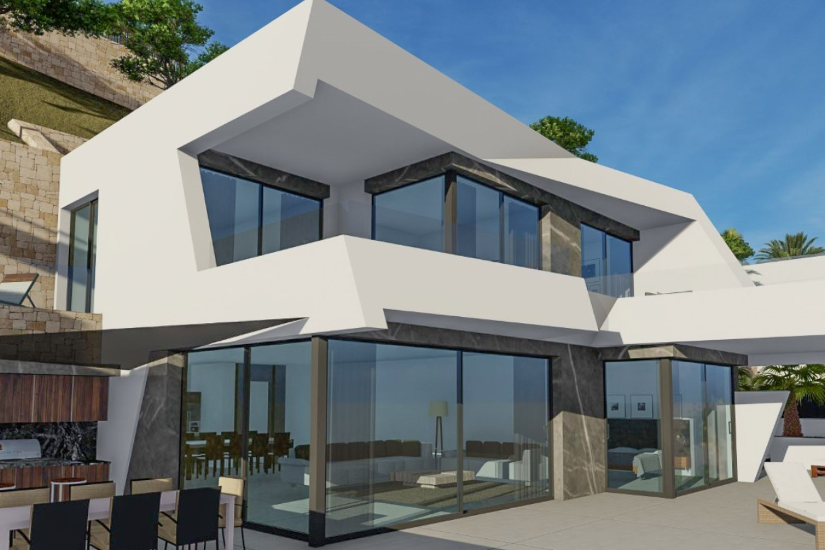 Moderne Fassade mit weißen geometrischen Formen und dunklen Natursteinakzenten. Große Glasfronten verbinden den Wohnbereich nahtlos mit der Außenterrasse und dem Grillplatz.