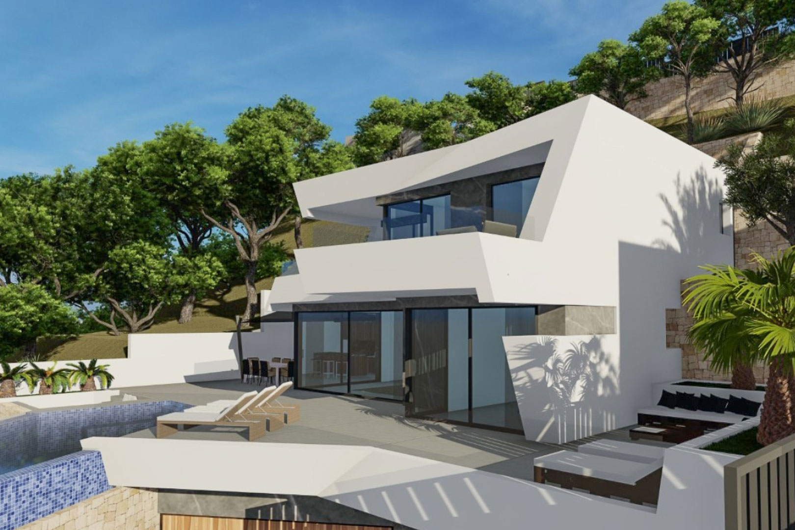 Moderne Villa mit geometrischer Architektur, großen Glasfronten, Infinity-Pool mit blauen Mosaikfliesen und großzügigen Terrassenbereichen in mediterraner Umgebung.