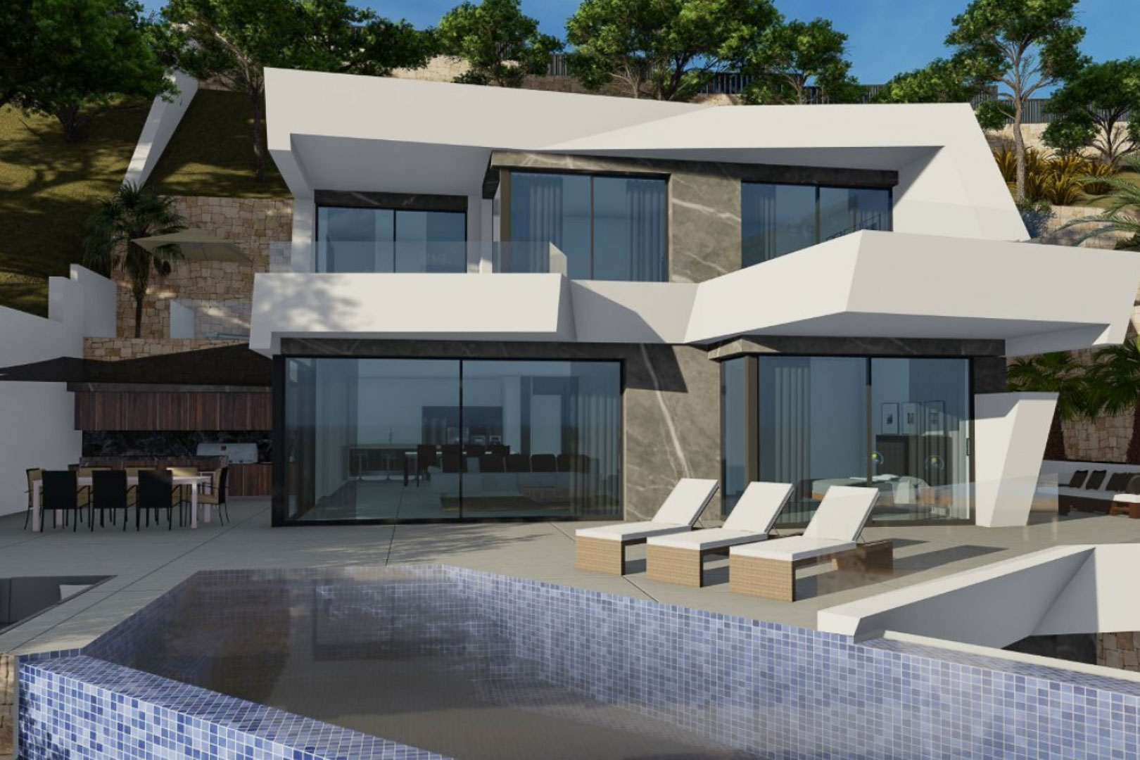 Moderne Villa mit weißer geometrischer Architektur, Natursteinakzenten, einem Infinity-Pool mit blauen Mosaikfliesen und großzügiger Terrasse mit Essbereich.
