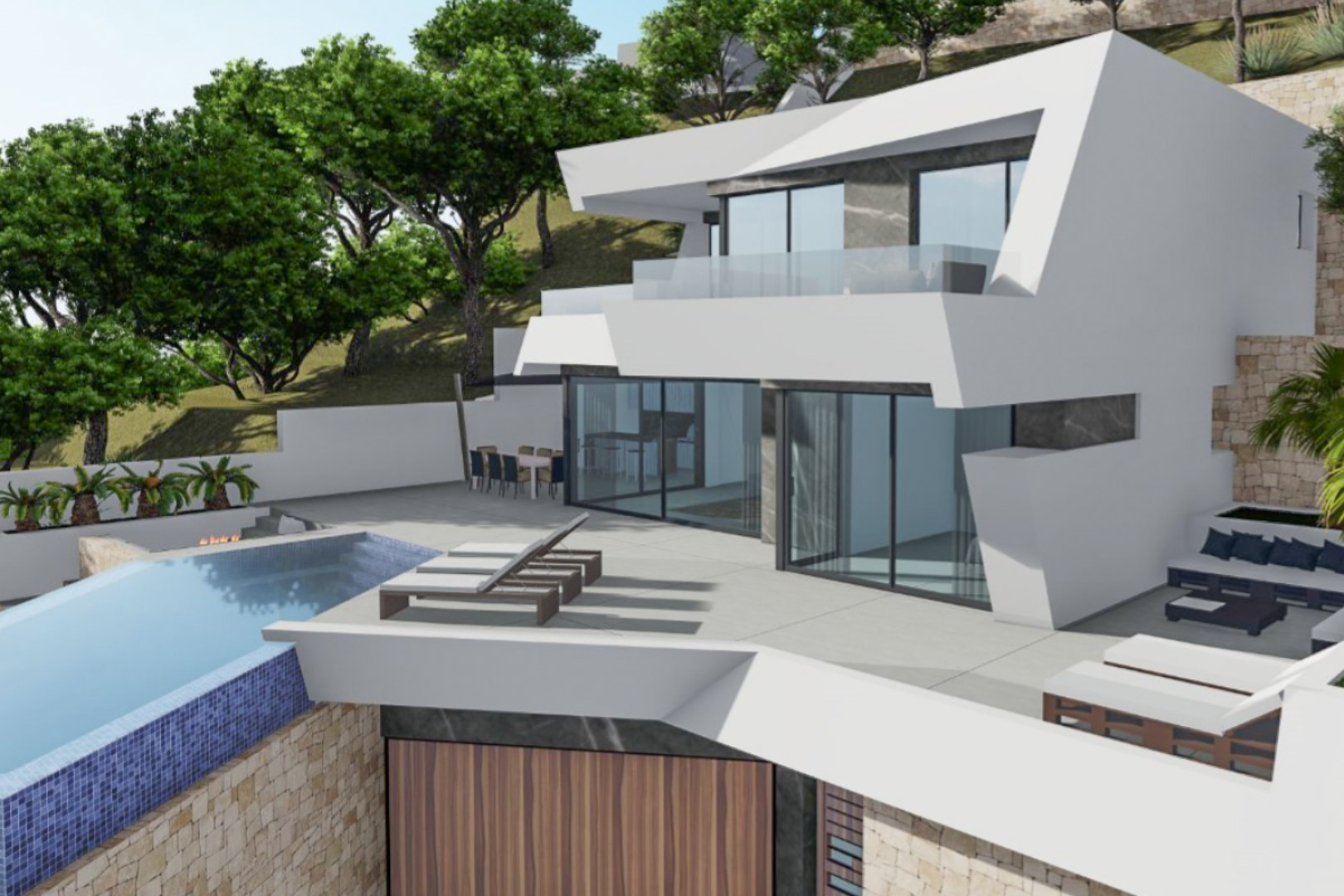 Moderne weiße Villa mit geometrischer Architektur, Infinity-Pool mit blauen Mosaikfliesen und großzügigen Terrassen mit Natursteinakzenten und Loungebereichen.