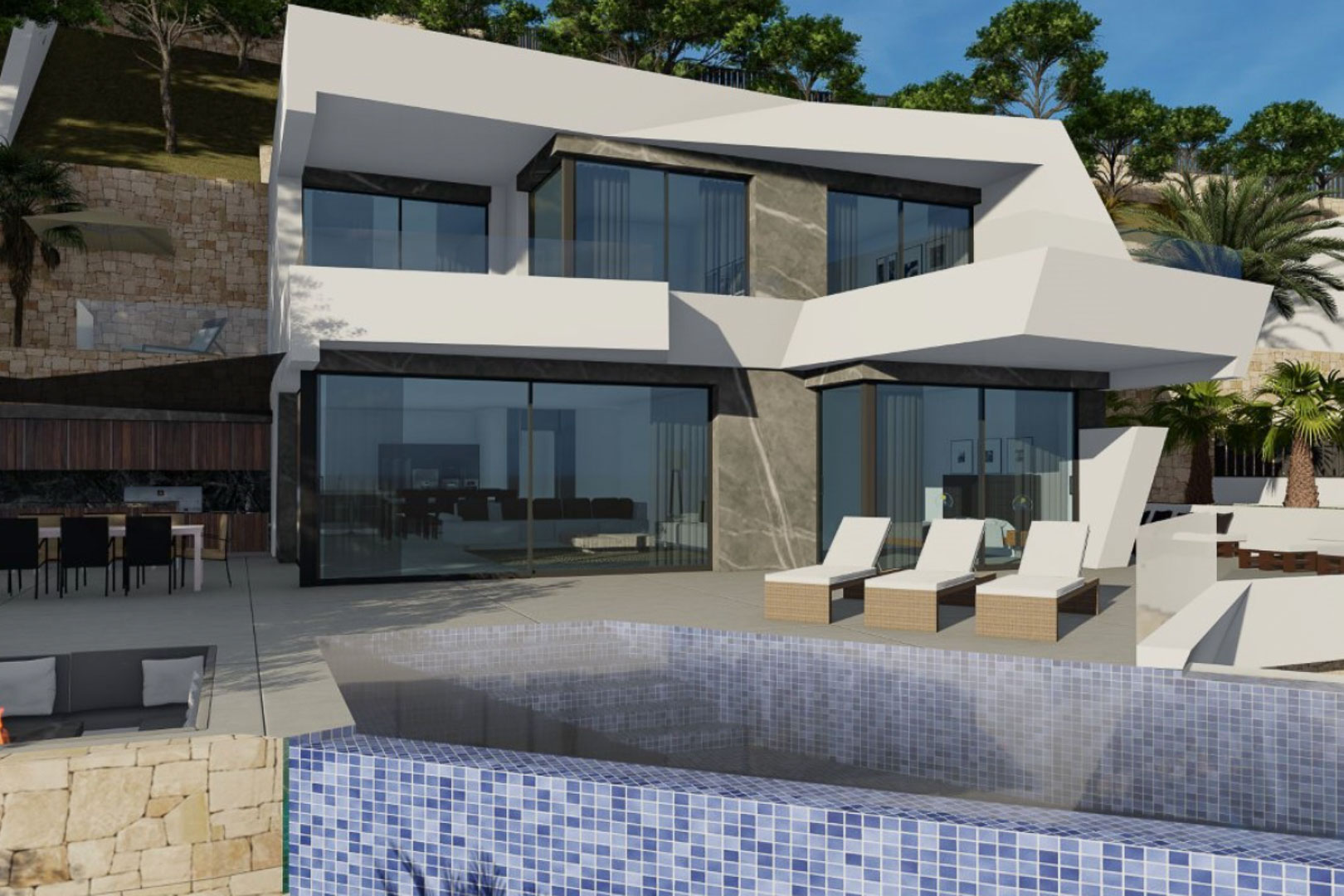 Moderne zweistöckige Fassade mit großen Glasfronten, Infinity-Pool mit blauen Mosaikfliesen und Terrasse mit Außen-Essbereich und Sonnenliegen.