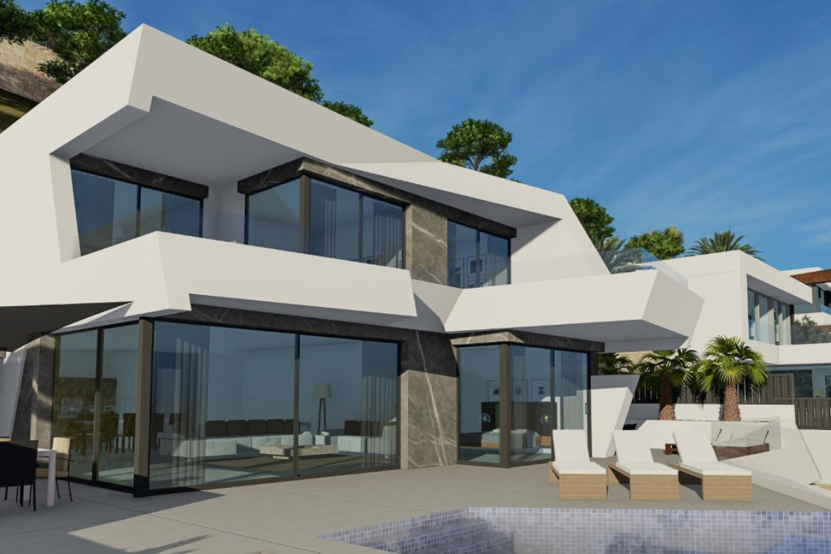 Zeitgenössische Villa mit weißer geometrischer Fassade, dunklen Steinpaneelen, großen Glasfronten und einer Terrasse mit Pool und Liegen.