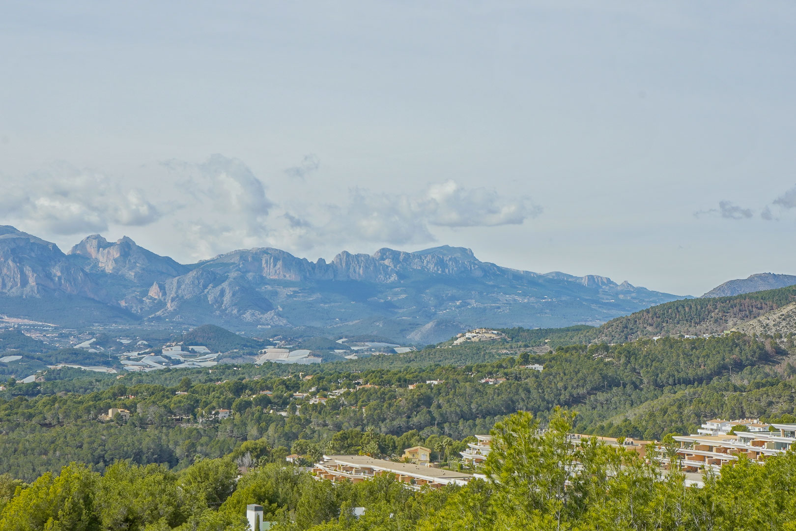 Panoramablick auf die Gebirgskette der Marina Baixa mit den Gipfeln der Sierra Aitana über einem weitläufigen, bewaldeten Tal.