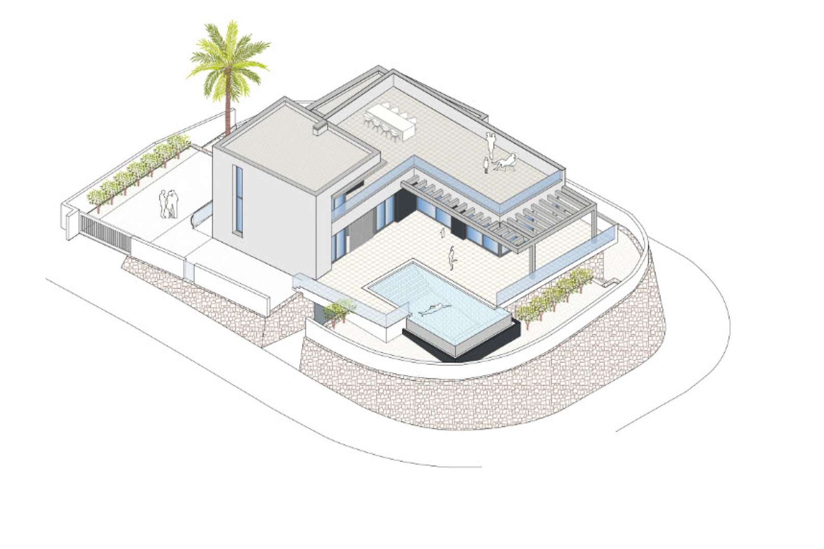 Isometrische Ansicht der Villa mit privatem Pool, Dachterrasse und mediterranem Garten.