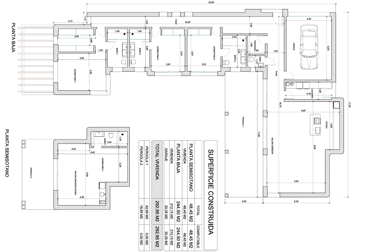 Detaillierter architektonischer Grundriss, der die Aufteilung des Erdgeschosses mit drei Schlafzimmern en Suite und das separate Apartment im Untergeschoss zeigt.