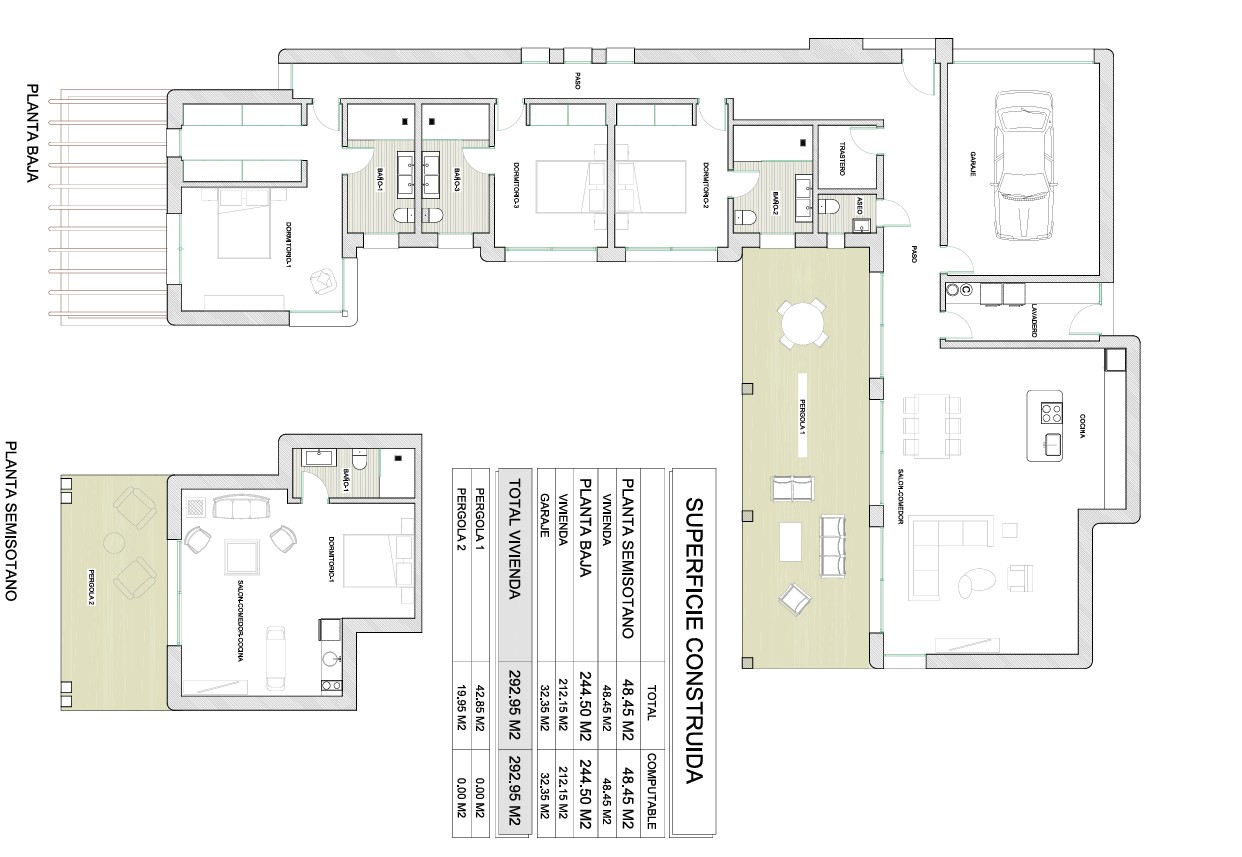 Detaillierter architektonischer Grundriss des Erdgeschosses und Souterrains, einschließlich einer Tabelle der gesamten bebauten Flächen.