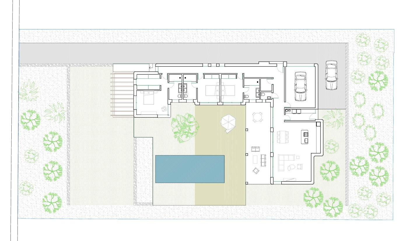 Detaillierter architektonischer Grundriss des Hauptgeschosses mit drei Schlafzimmern, offenem Wohnbereich, Garage und der Außenterrasse mit privatem Pool.